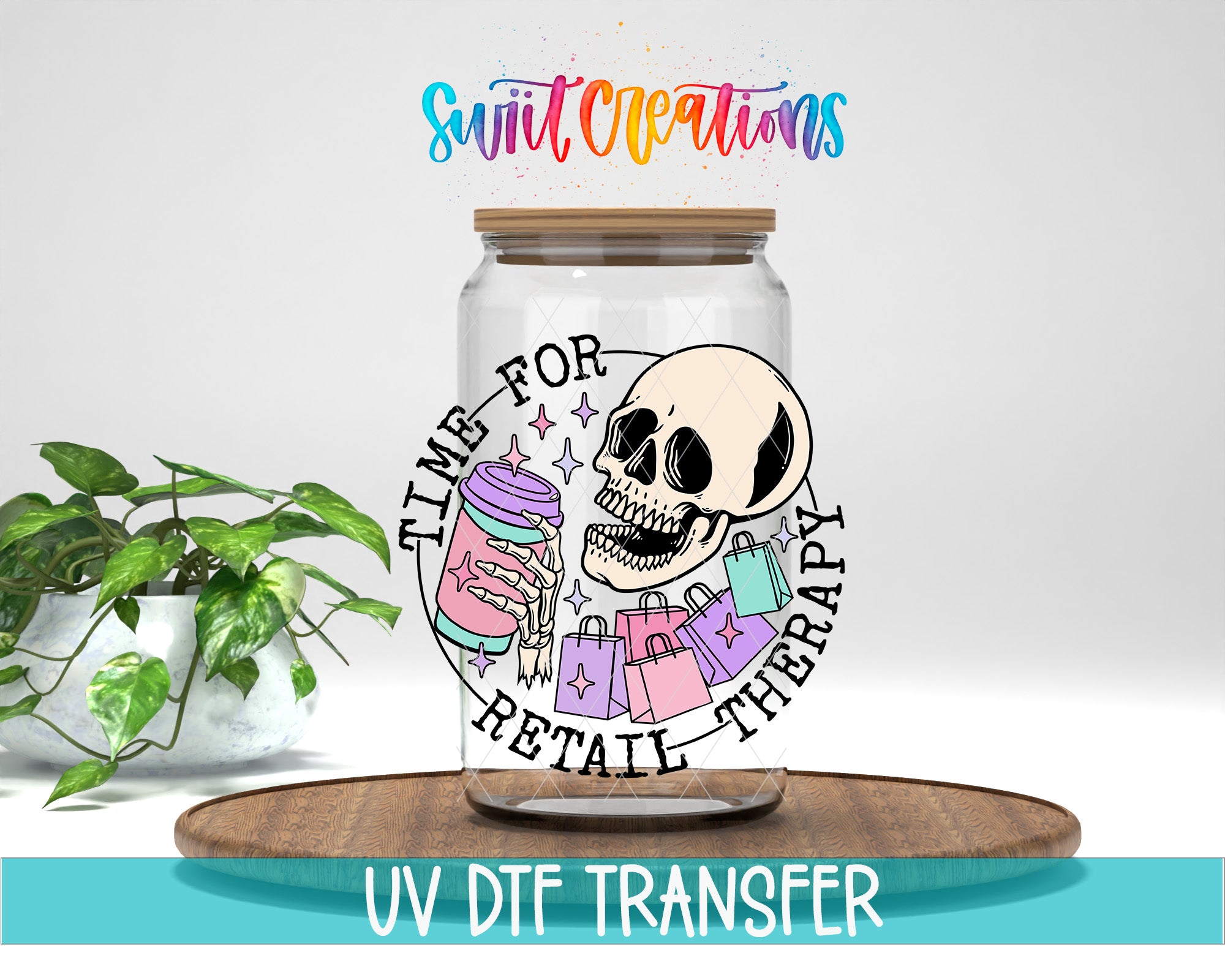 A glass jar with a skeleton and shopping bags, accompanied by the text "Time for Retail Therapy" and "Swit Creations" in a colorful, stylized font.