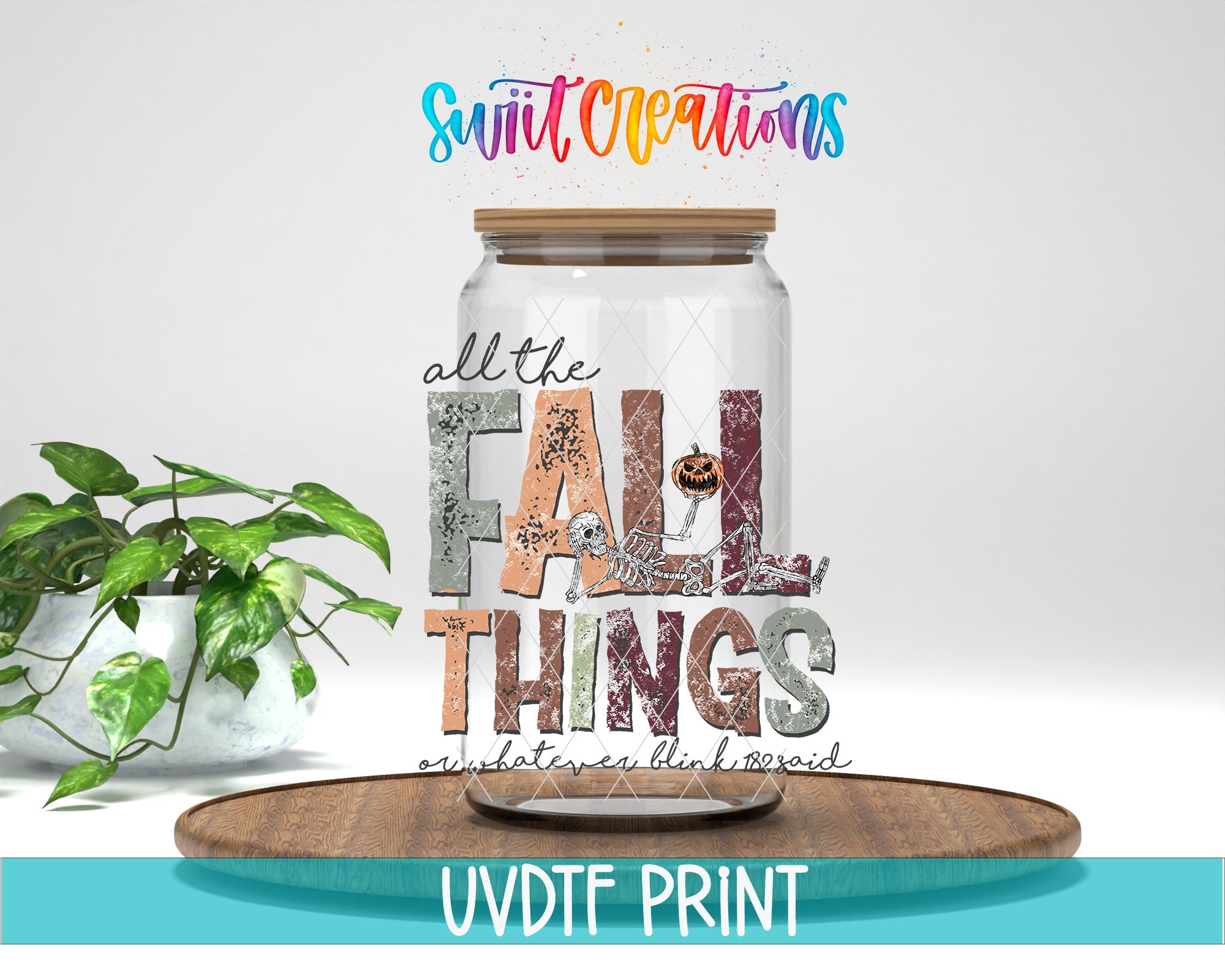 a glass jar with a sign that says fall things