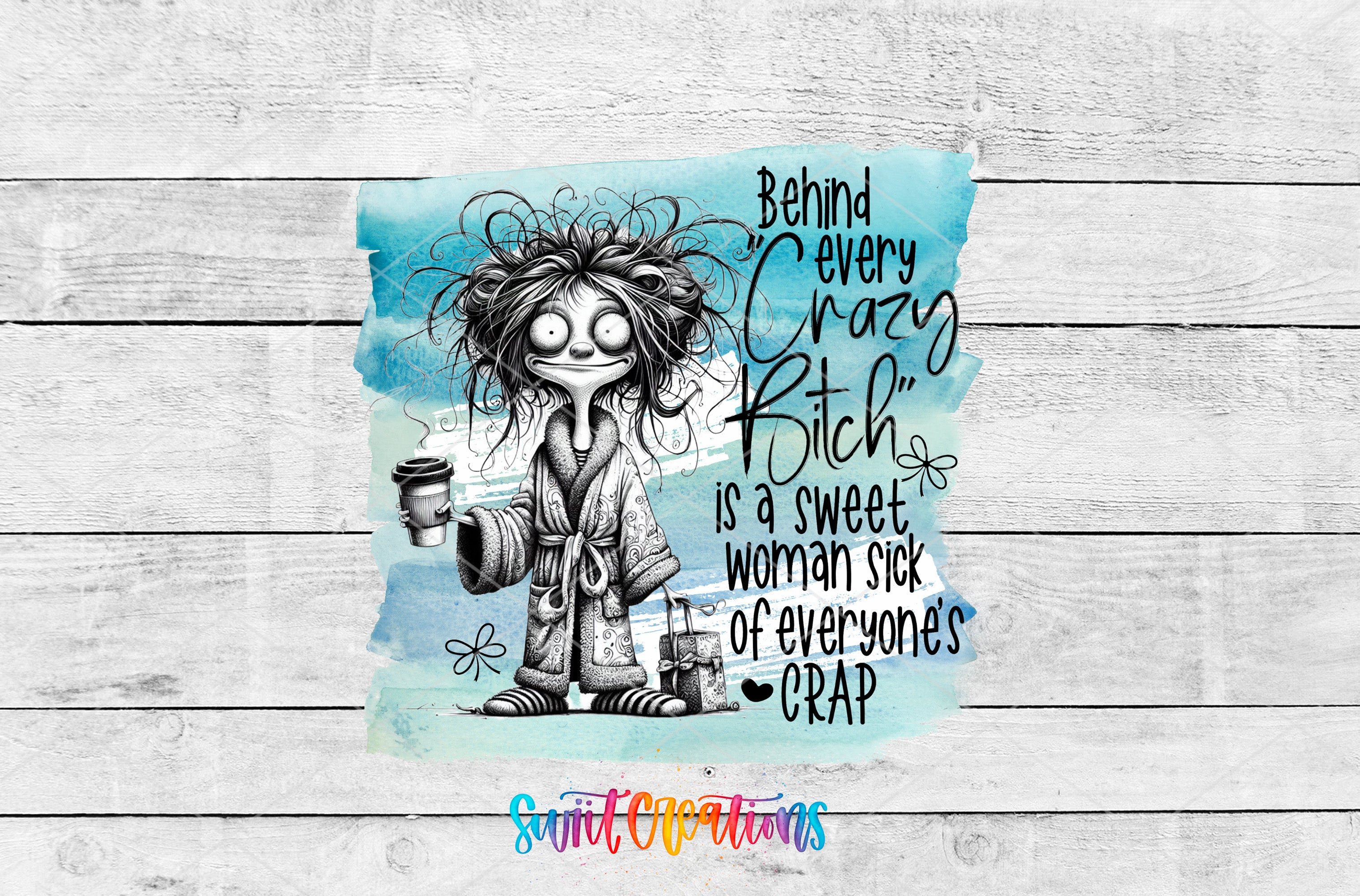 The image is a cartoon-style illustration of a person with a comical expression, wearing a robe and holding a cup, set against a blue background with text overlaying the image.