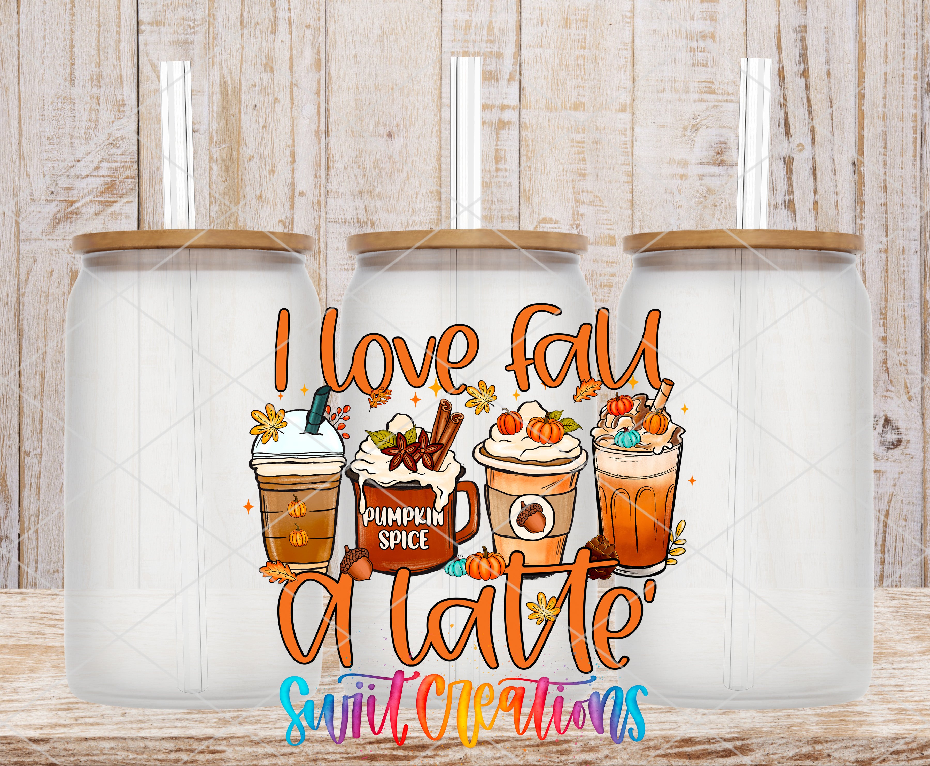 three glass jars with lids, each containing a different type of beverage, such as a latte, pumpkin spice, and a hot chocolate drink. The jars are arranged in a row, and there is a colorful text overlay that reads "I love fall, a latte, sweet creations".