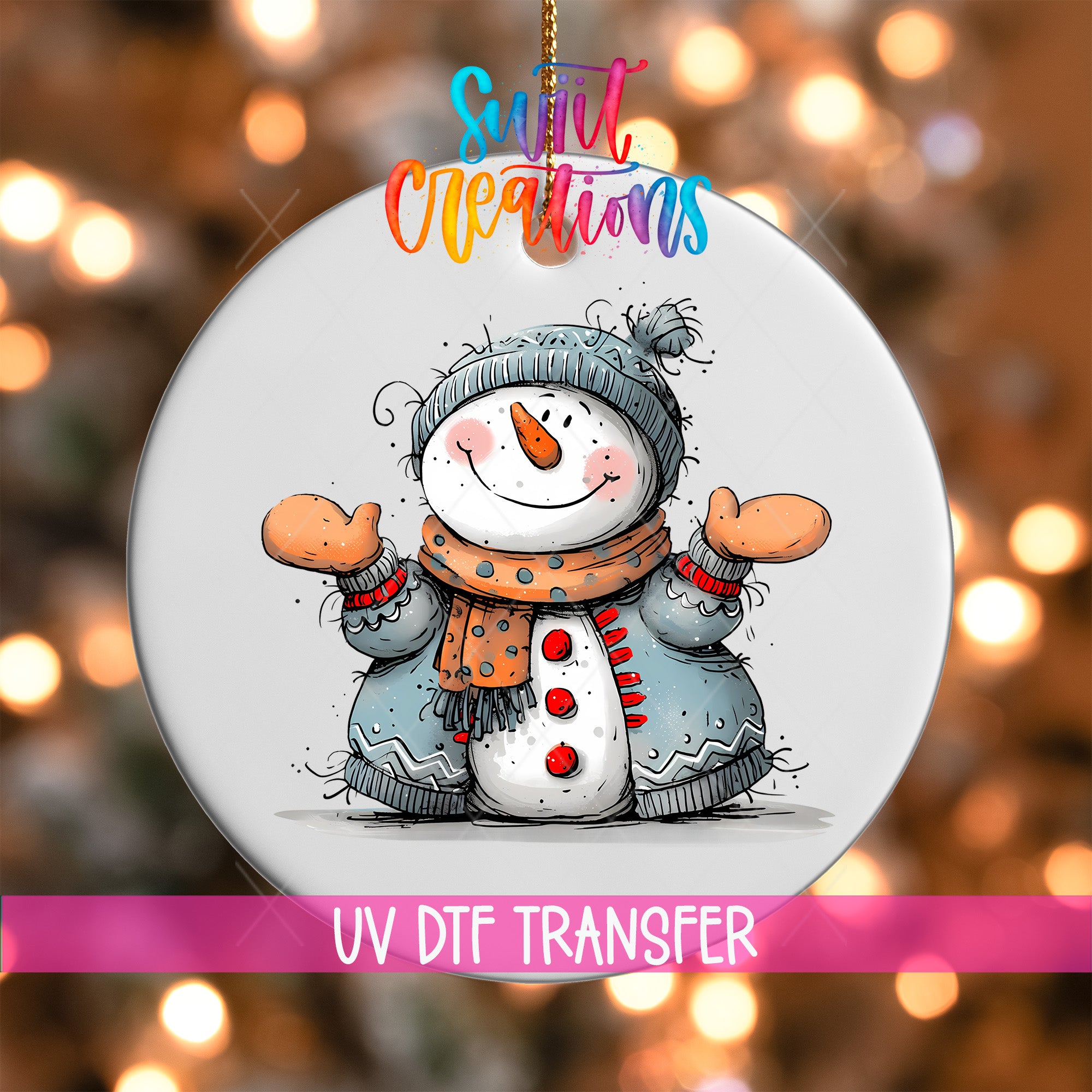 A snowman ornament with a scarf and hat, smiling and waving, is hanging against a background of colorful lights.