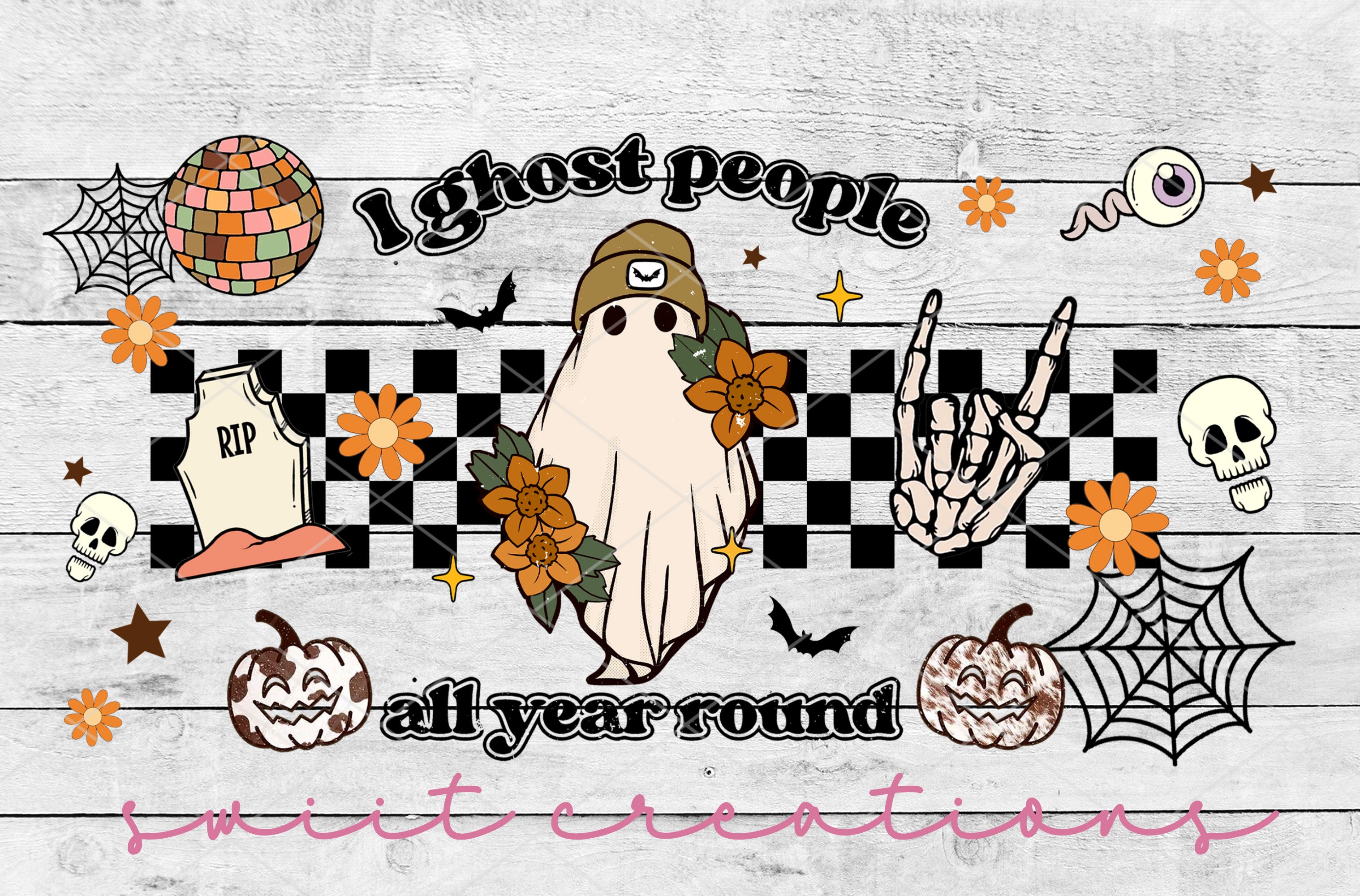 a wooden wall with a ghost and pumpkins on it