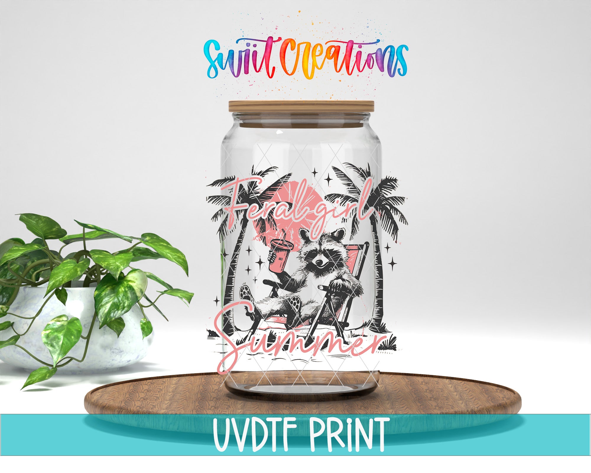 a glass jar with a raccoon and palm trees printed on it, placed on a wooden surface.