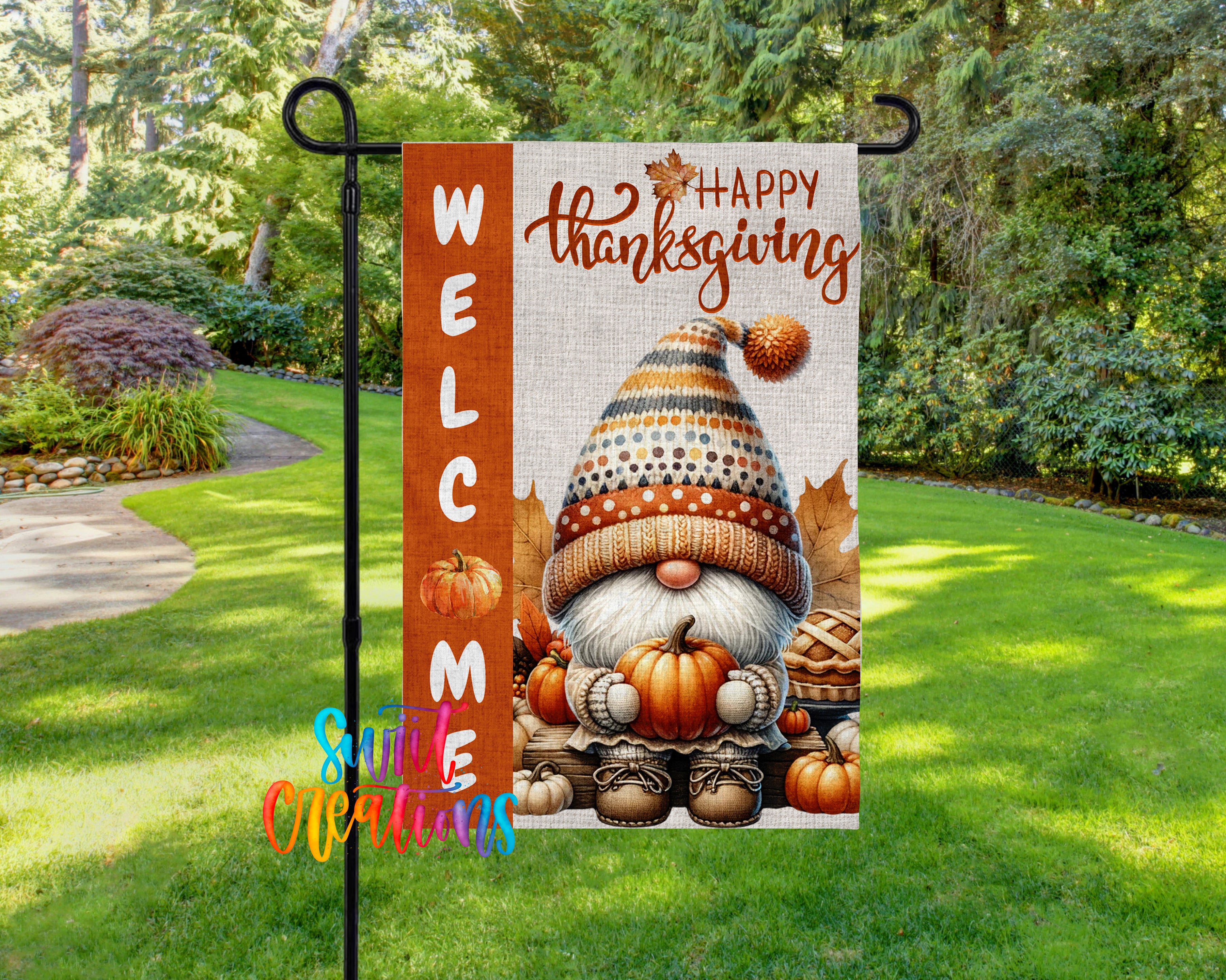 A banner with a gnome wearing a striped hat and holding a pumpkin, surrounded by autumn-themed elements such as pumpkins and leaves, with the text "Welcome" and "Happy Thanksgiving" displayed.