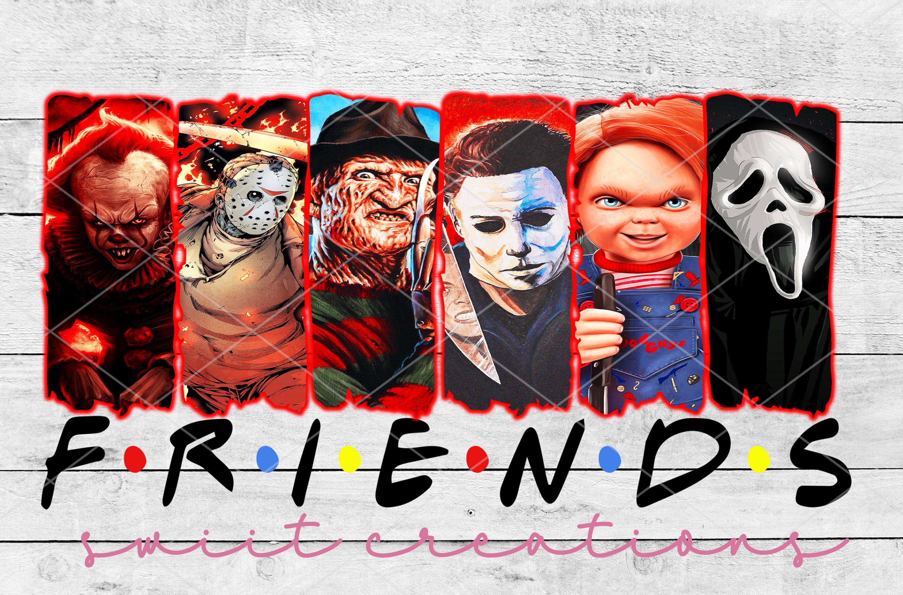 a group of halloween characters with the words friends
