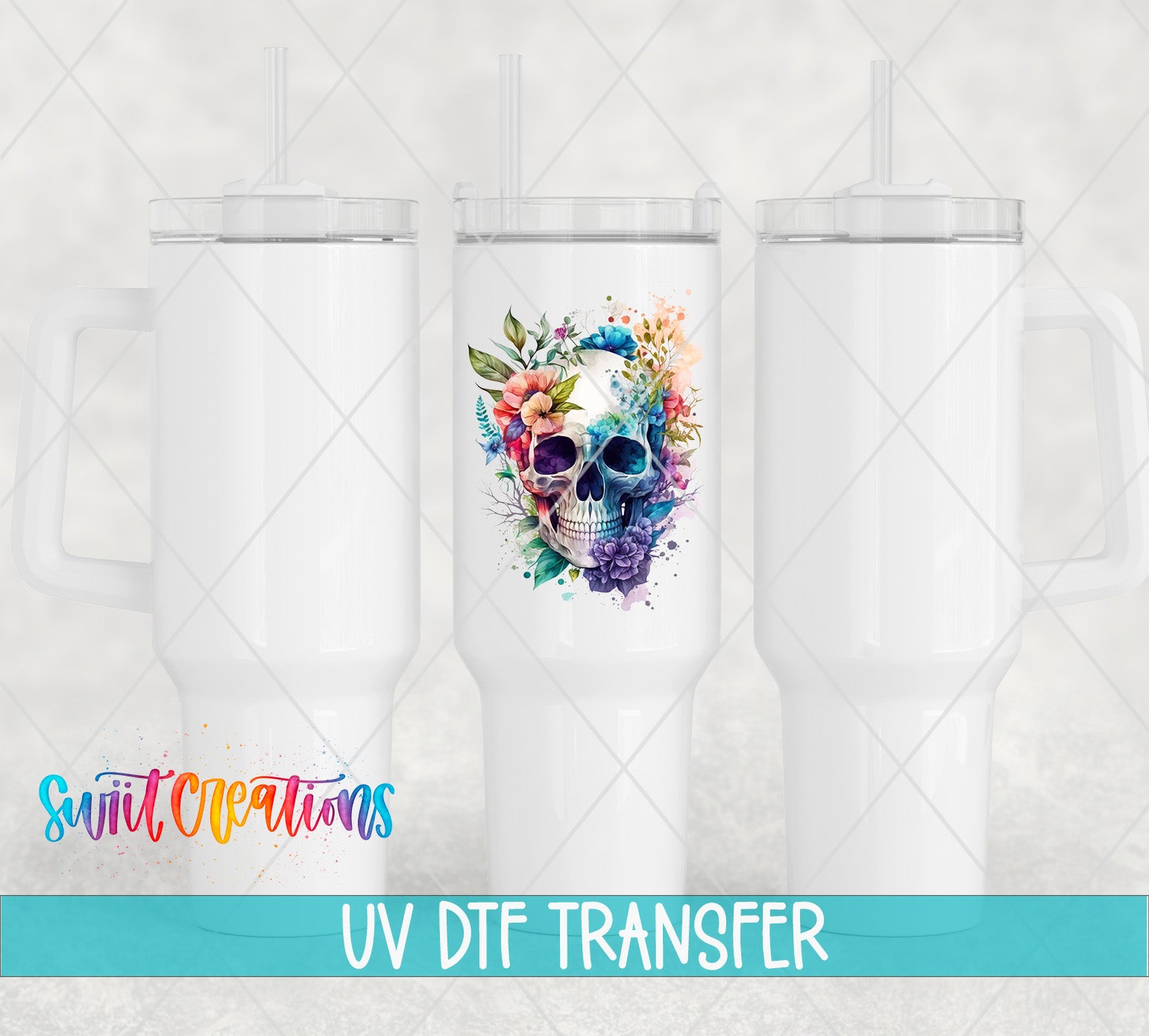 Swiit Creations UV DTF Watercolor Floral Skull transfer shown on a white tumbler set