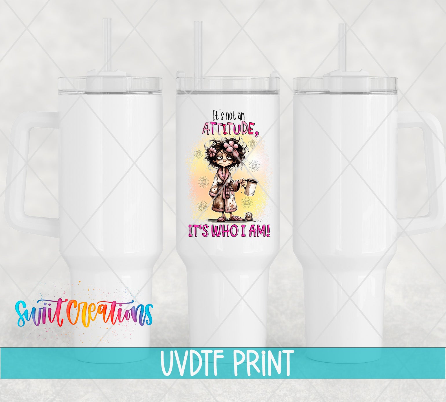 a white tumbler with a printed design on it, including a cartoon character and text.