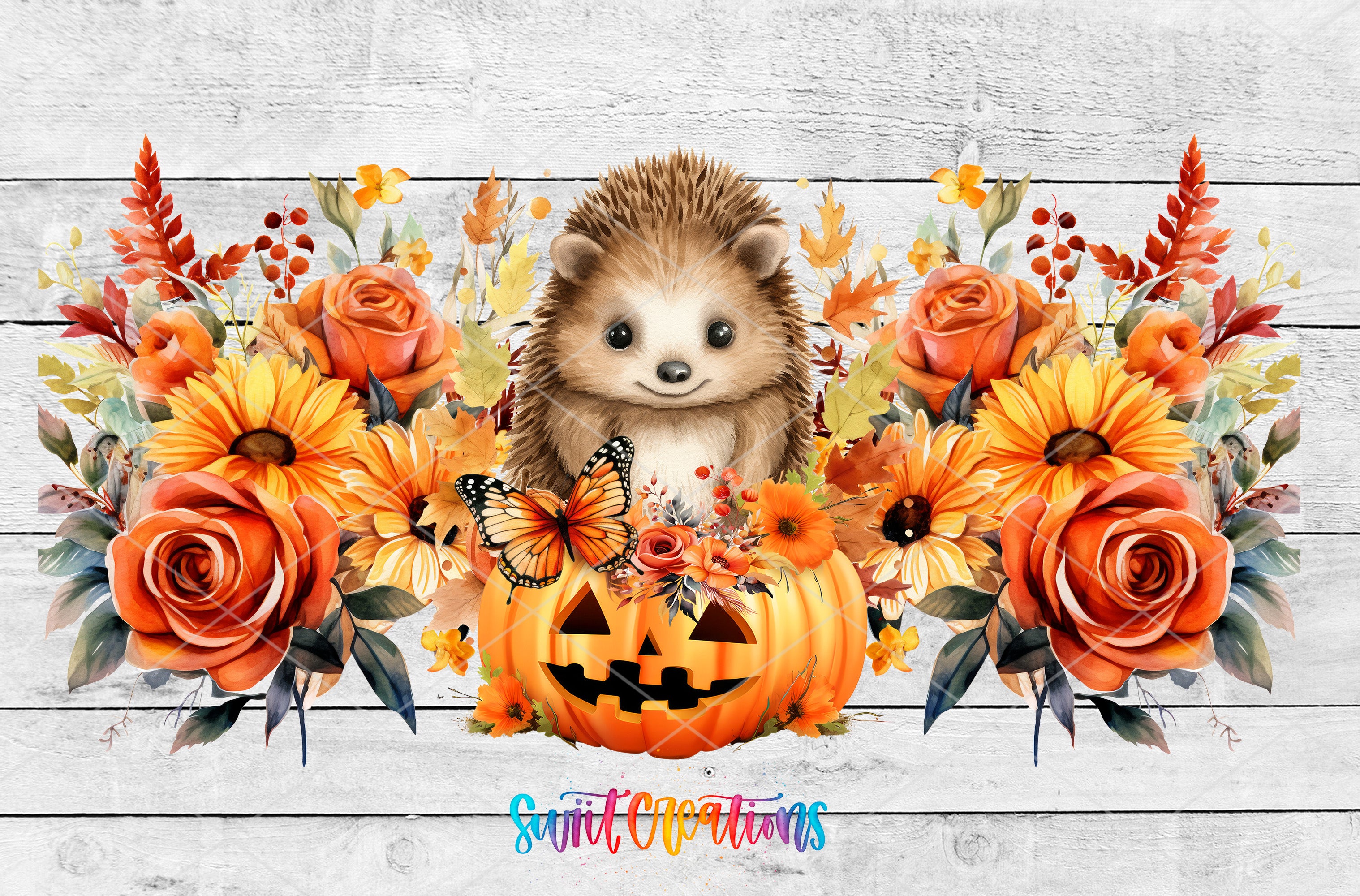 A cute hedgehog is surrounded by a vibrant arrangement of autumn flowers, including sunflowers, roses, and other seasonal blooms, with a carved pumpkin in the center.