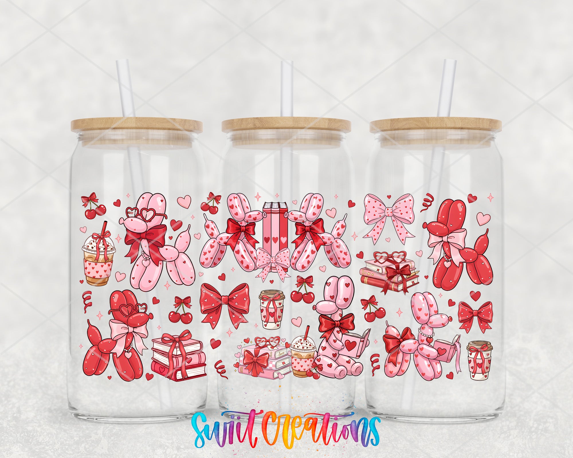 Three glass jars with lids, each decorated with various pink and red illustrations, including balloons, cakes, and other festive elements.