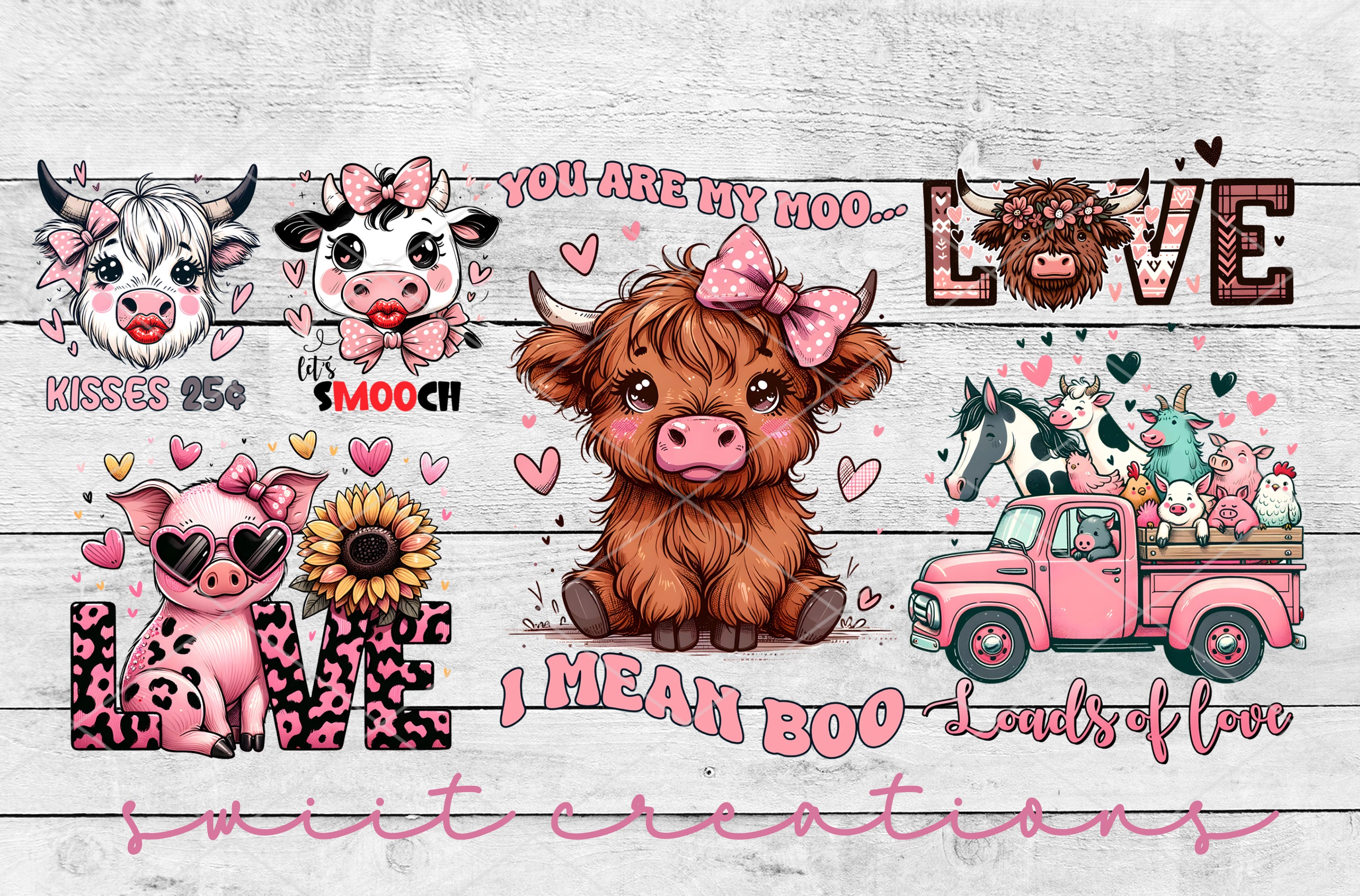 a picture of a cow and other farm animals