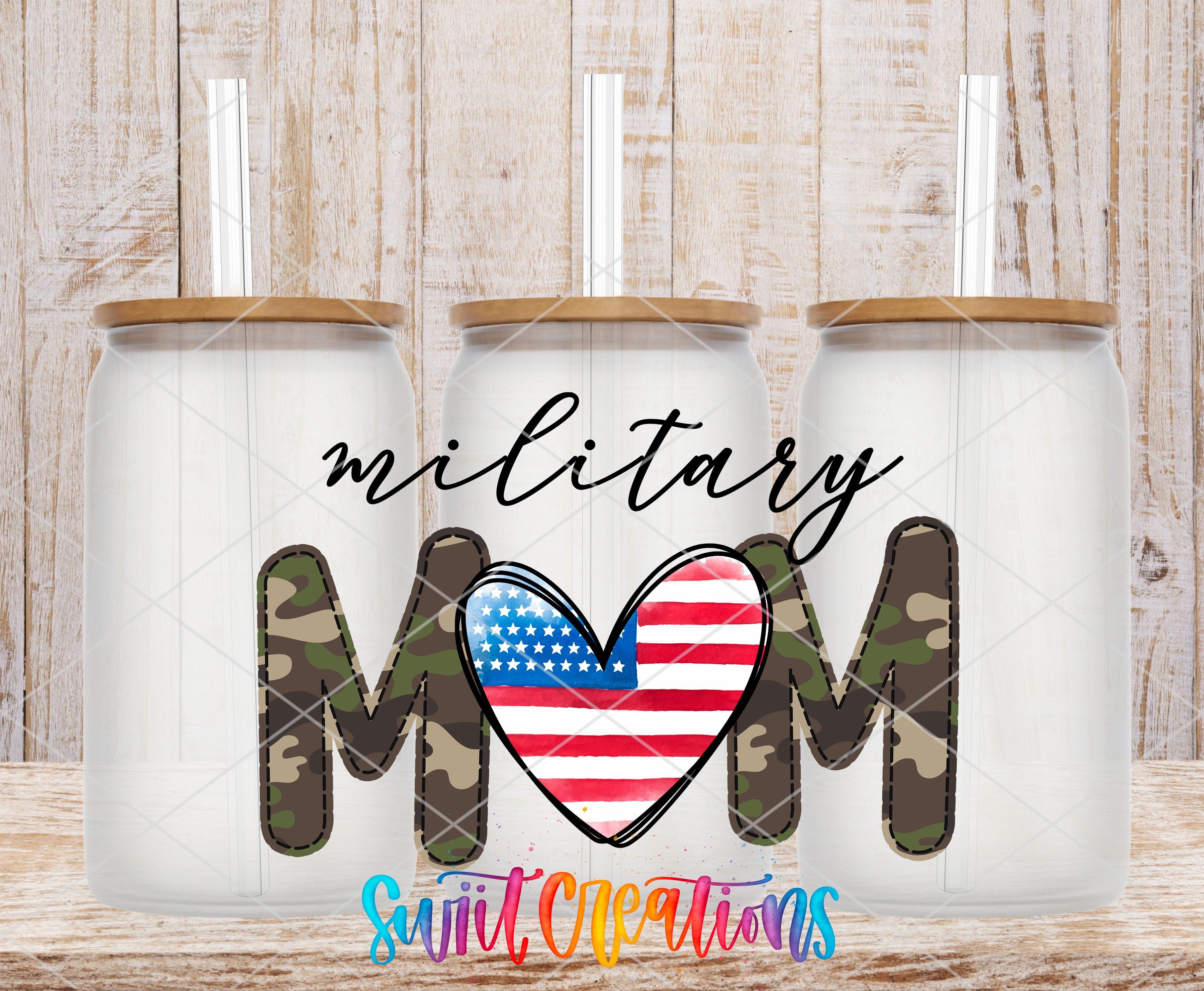 three glass tumblers with the text "militariness" and an American flag design, along with the text "Suite Creations" at the bottom.