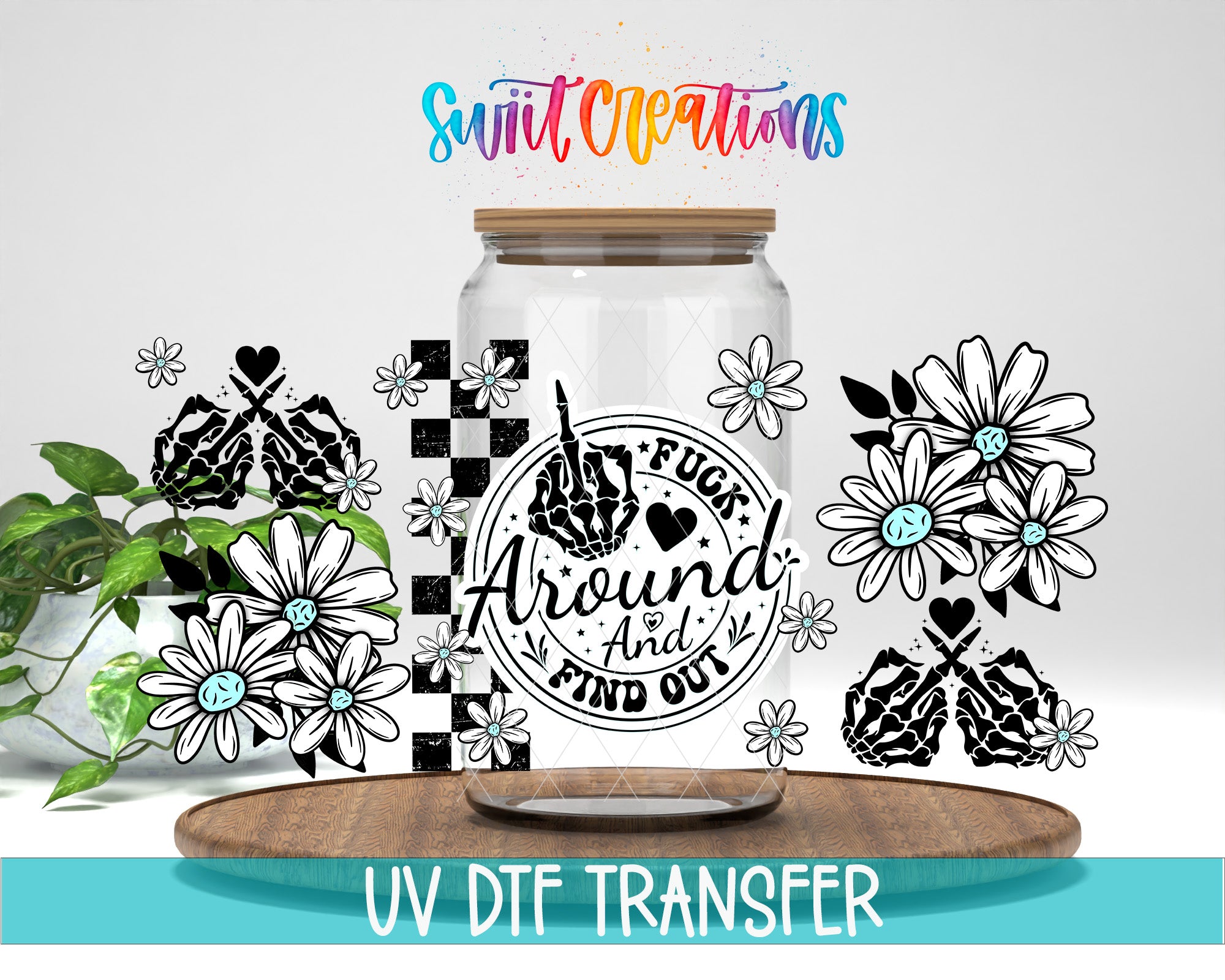 a clear glass jar with a hand making a obscene gesture, surrounded by various floral designs and text.