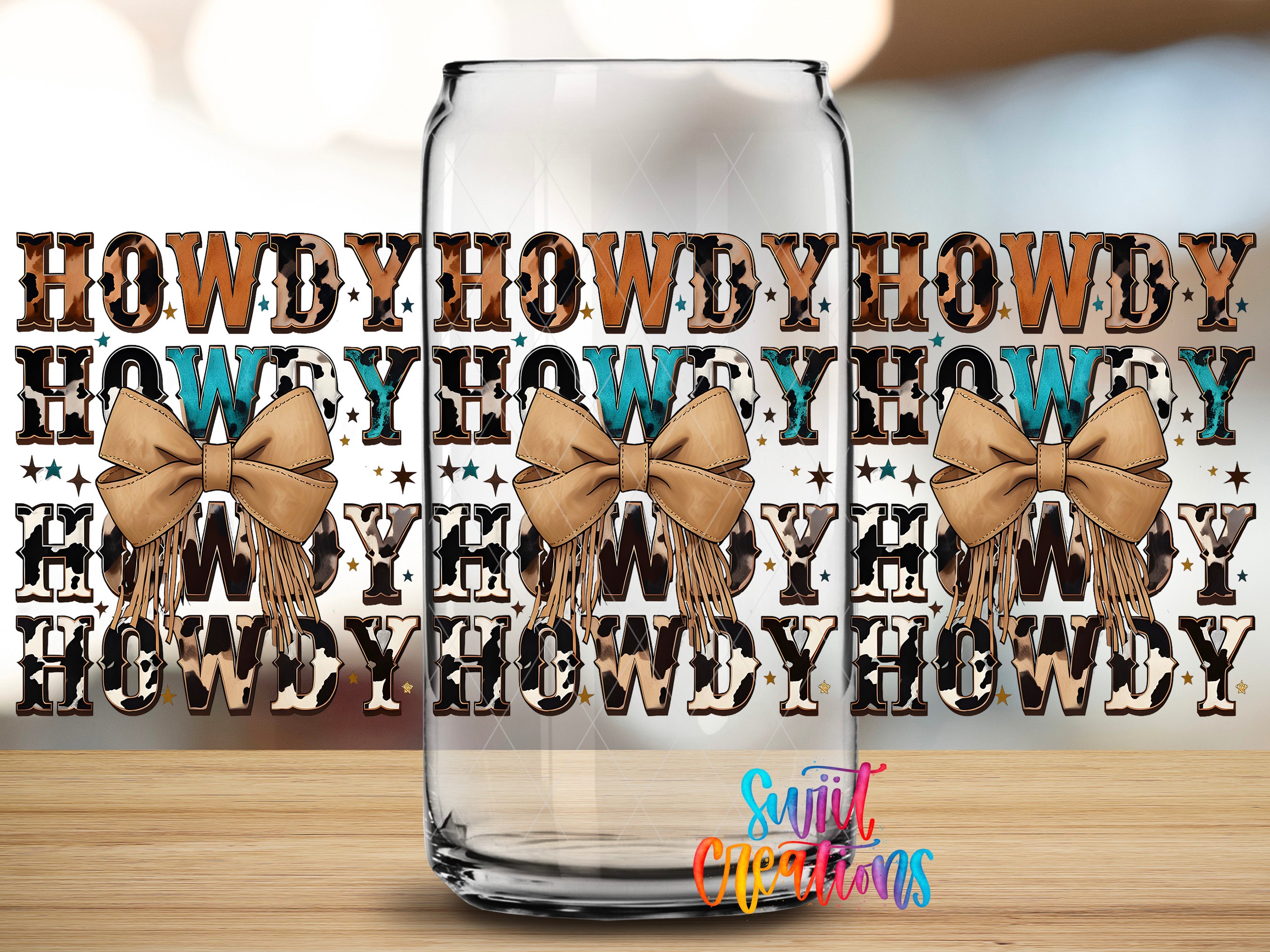 a clear glass can with a bow on it, set against a background with the phrase "HOWDY HOWDY HOWDY" repeated multiple times in various fonts and sizes.