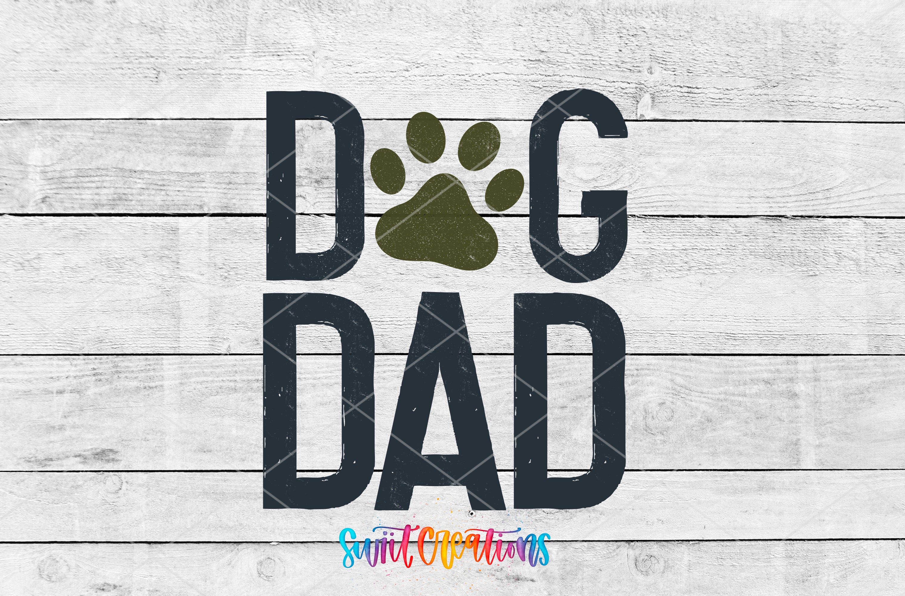 Dog Dad Paw Print distressed lettering and paw print UV DTF transfer artwork by Swiit Creations