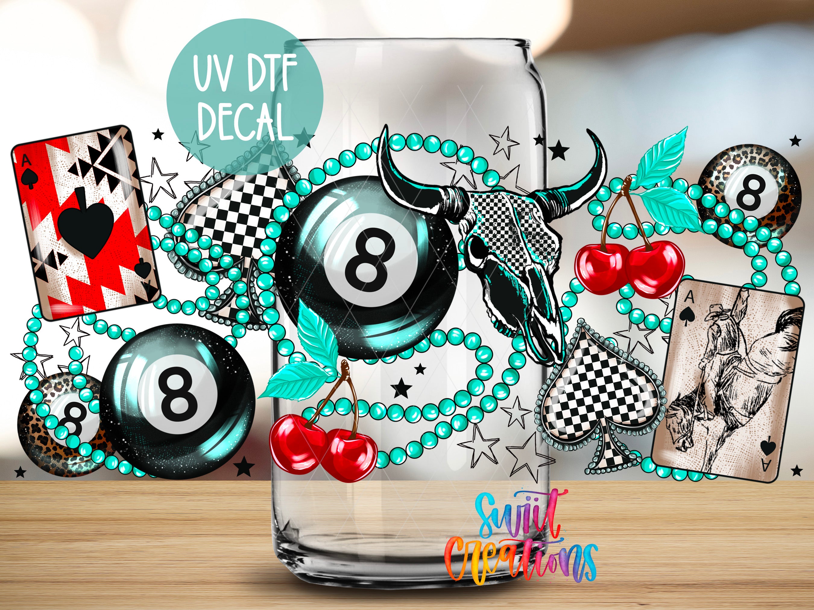 The image is a vibrant and colorful collage featuring various casino-themed elements, including a skull, billiard balls, beads, and playing cards.