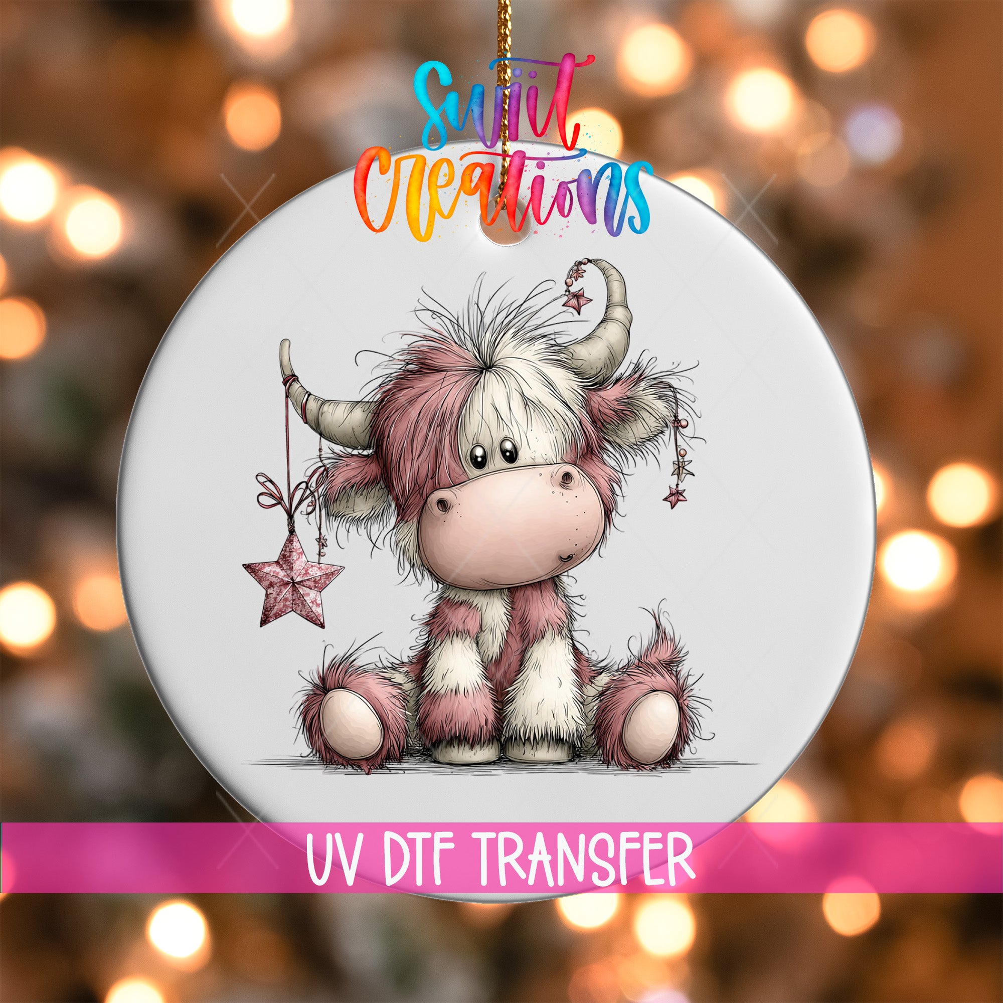 A ceramic ornament featuring a cute, furry cow with a star-shaped ornament hanging from its horns.