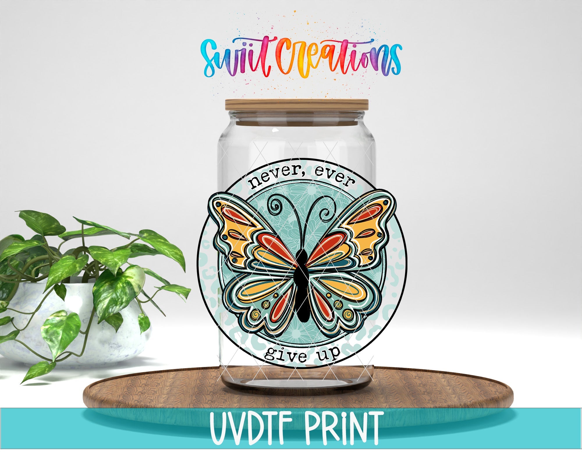 a glass jar with a butterfly on top of it