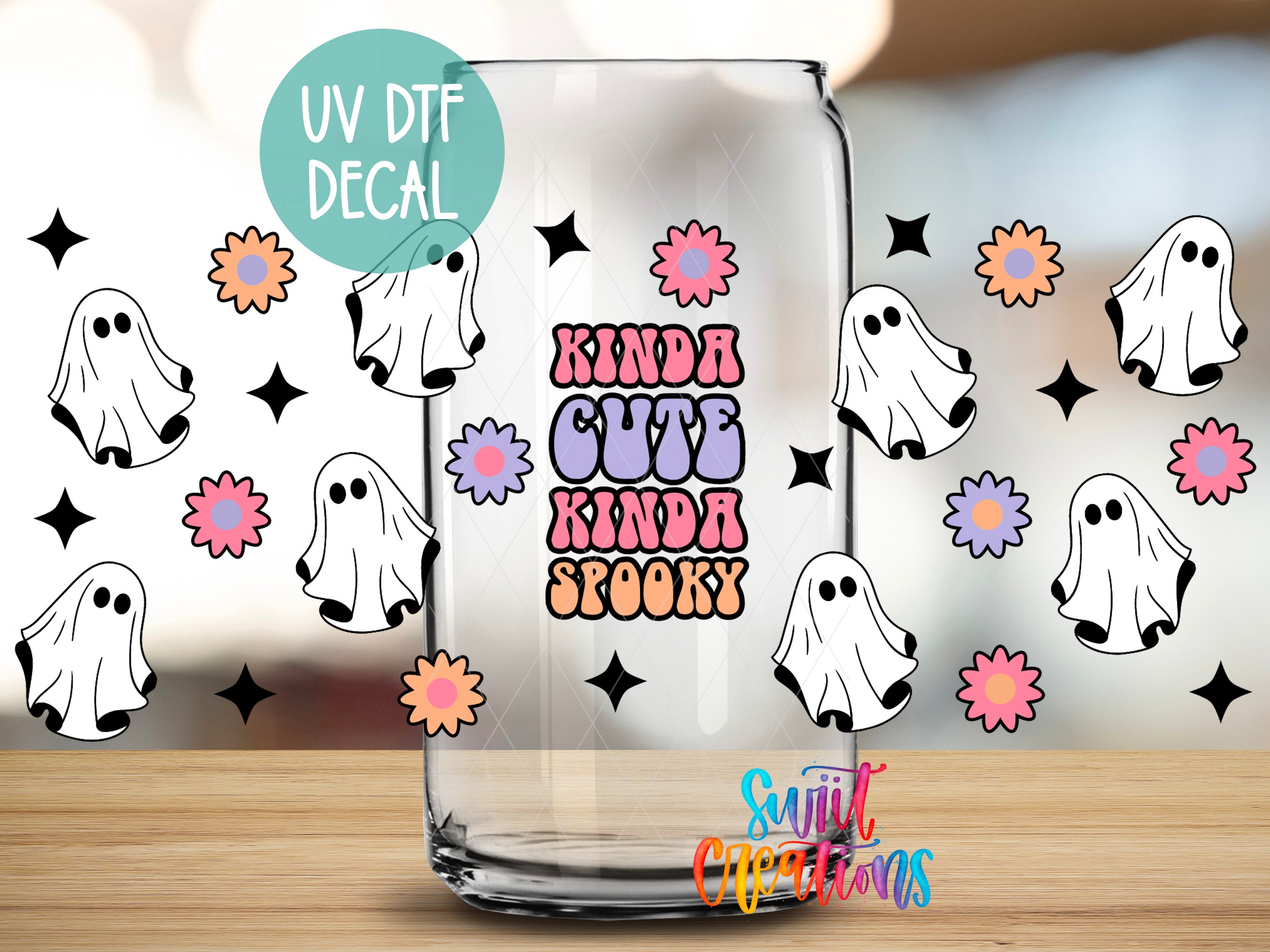 a clear glass can with a sticker on it, surrounded by various ghost-like illustrations and colorful flowers.