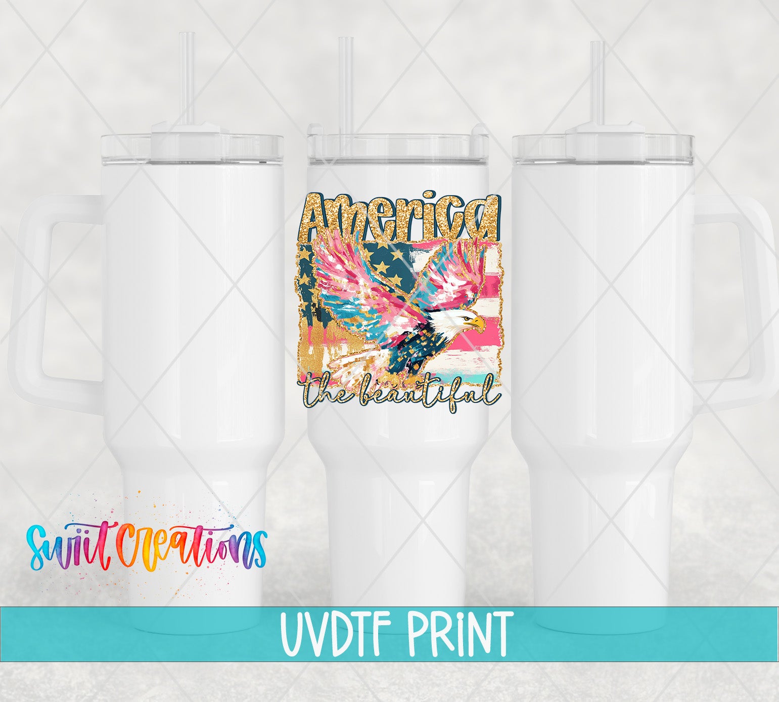 three white tumblers with a colorful graphic design on them, including an eagle and the word "America".