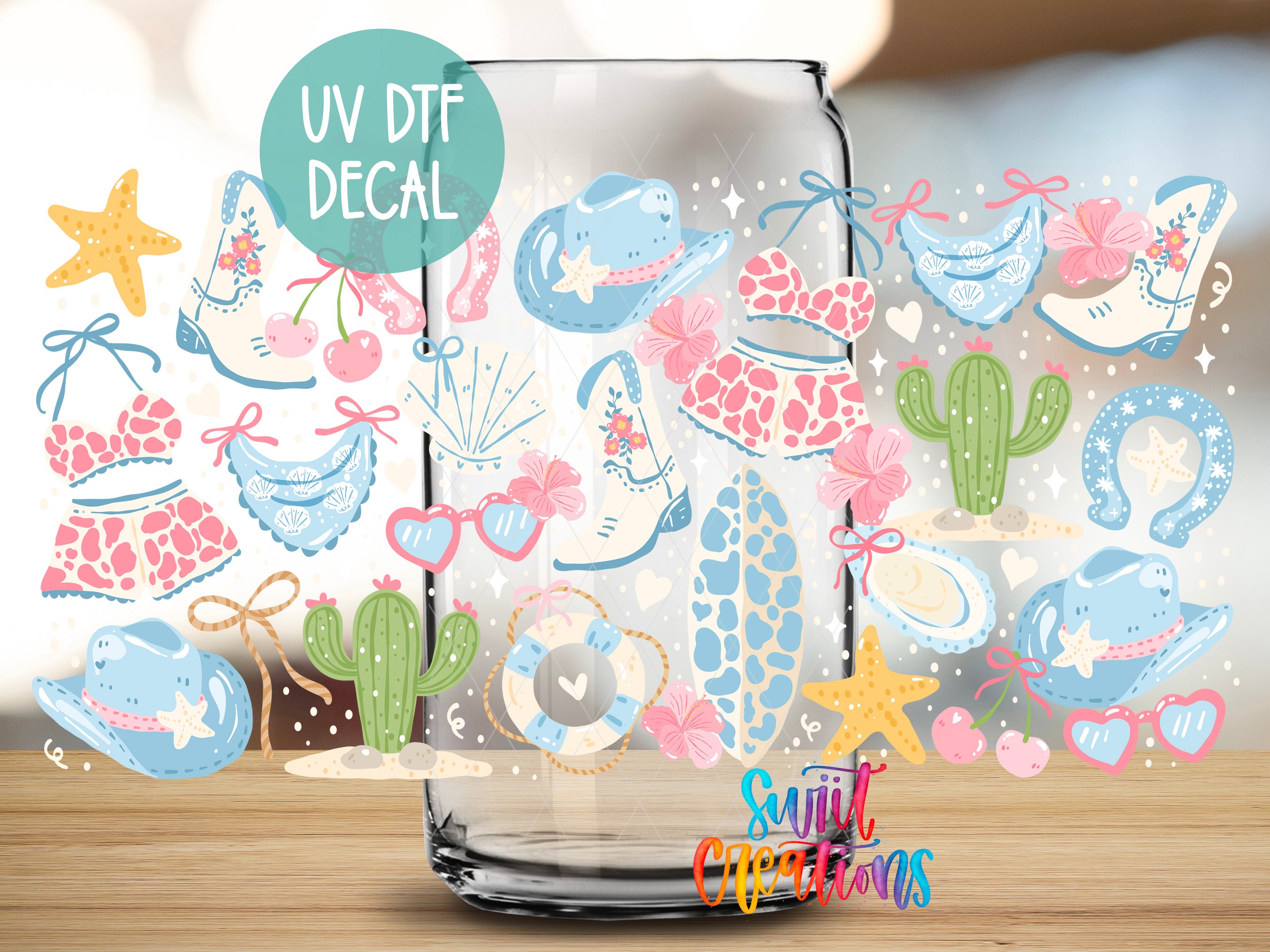 a glass vase with a variety of decorative items
