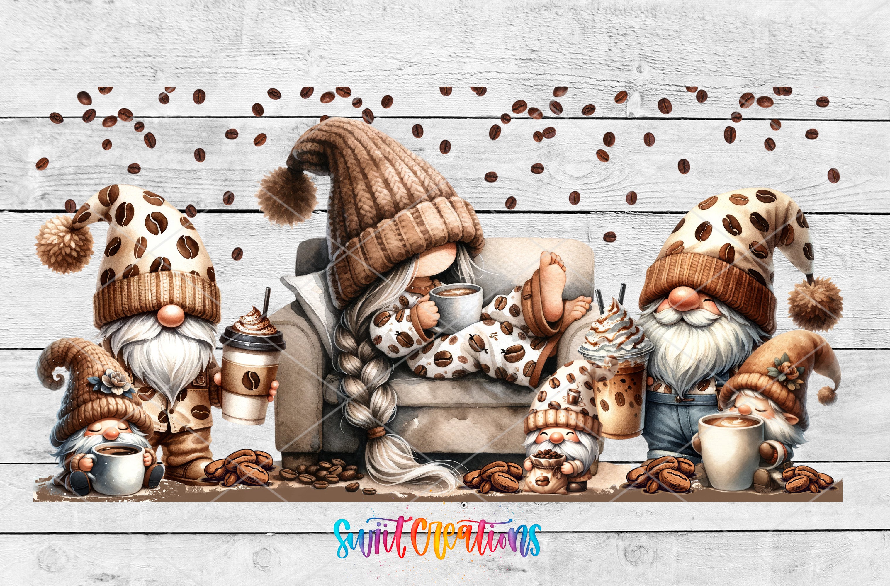 A whimsical illustration featuring four gnomes sitting around a coffee table, each holding a coffee cup and surrounded by various snacks and treats.