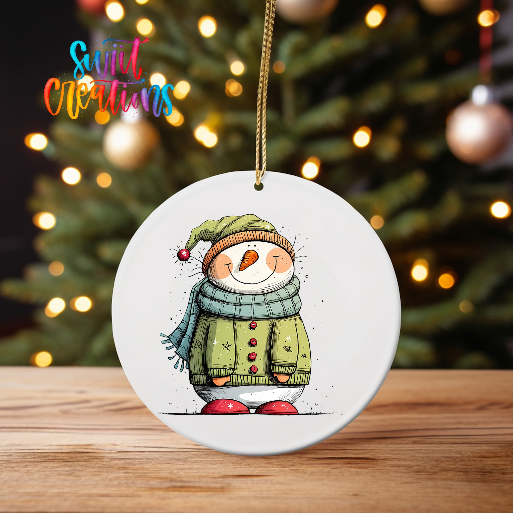 A white ornament featuring a snowman wearing a green sweater and hat, with a red scarf, is hanging from a string in front of a blurred Christmas tree.