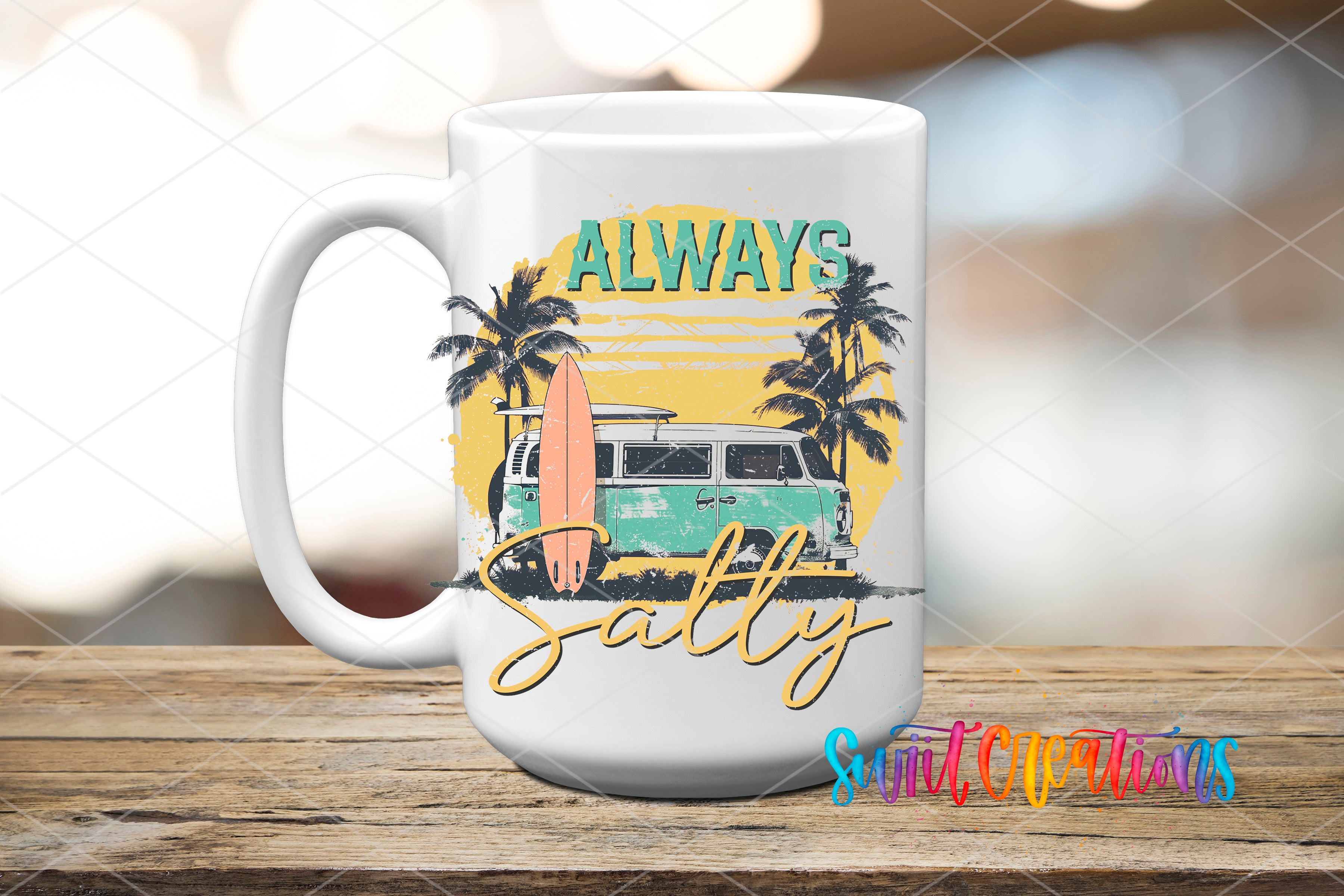 Swiit Creations UV DTF Summer Beach Always Salty transfer applied to a white ceramic mug