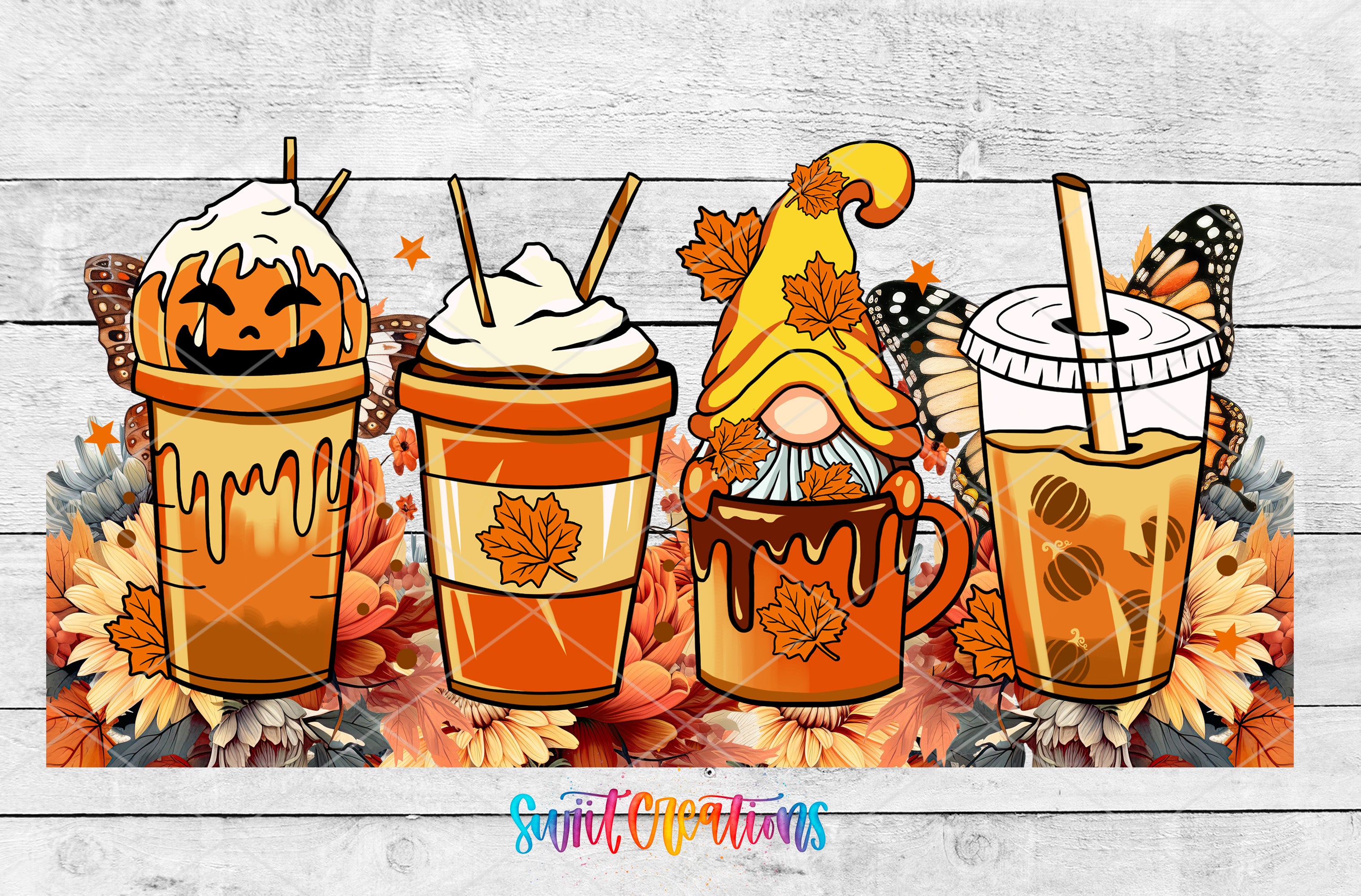 a group of cups filled with drinks on top of a wooden table