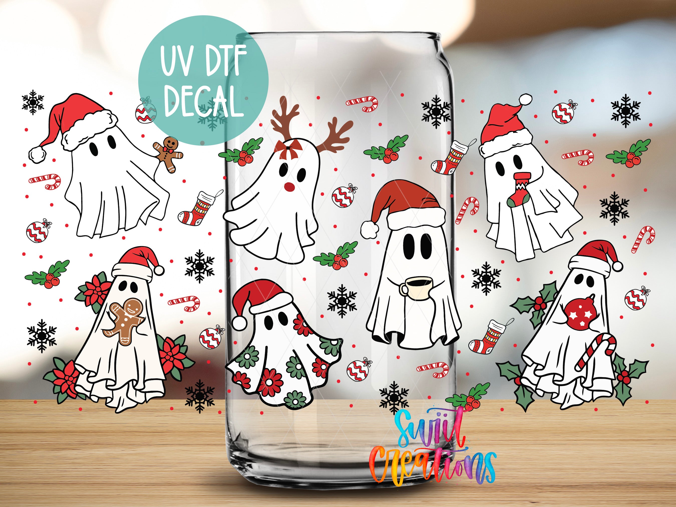 a glass with a picture of ghostes on it