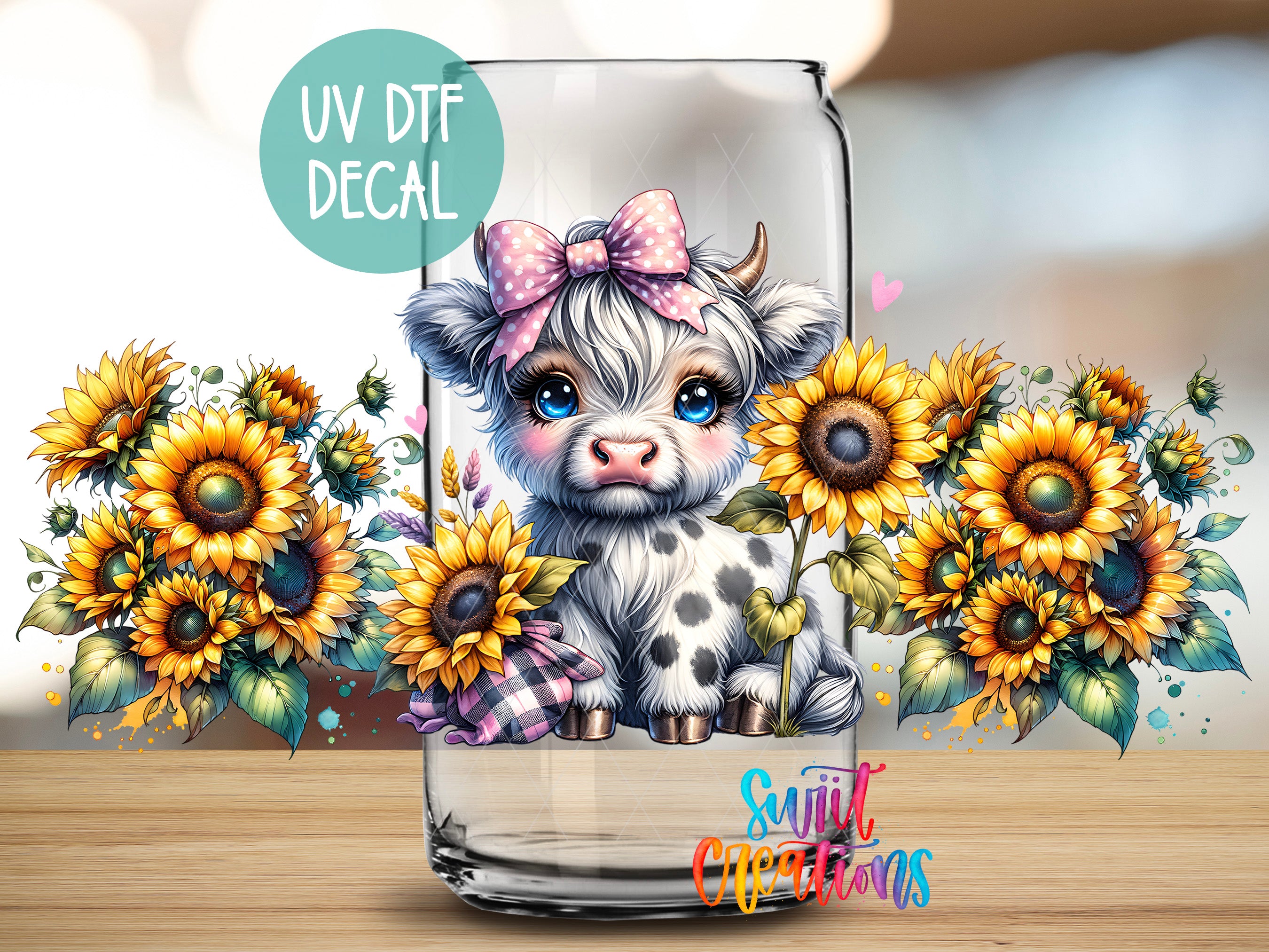 A glass jar with a cartoon cow and sunflowers on it, along with a UV decal on the jar.