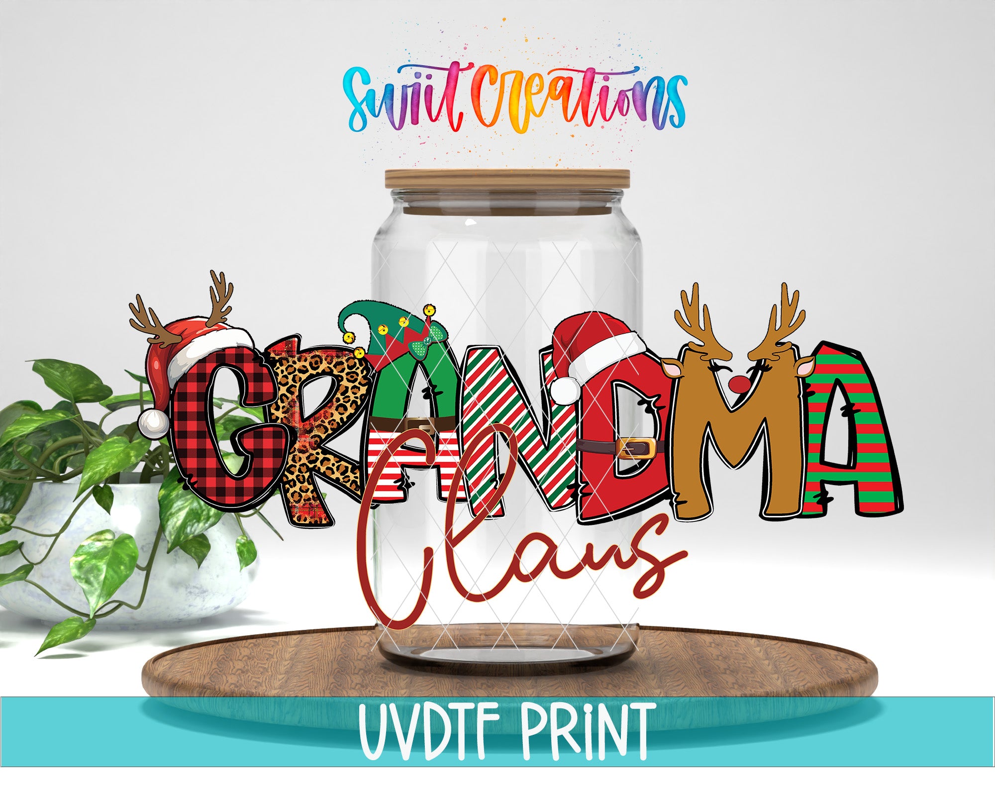 a glass jar with some christmas decorations in it