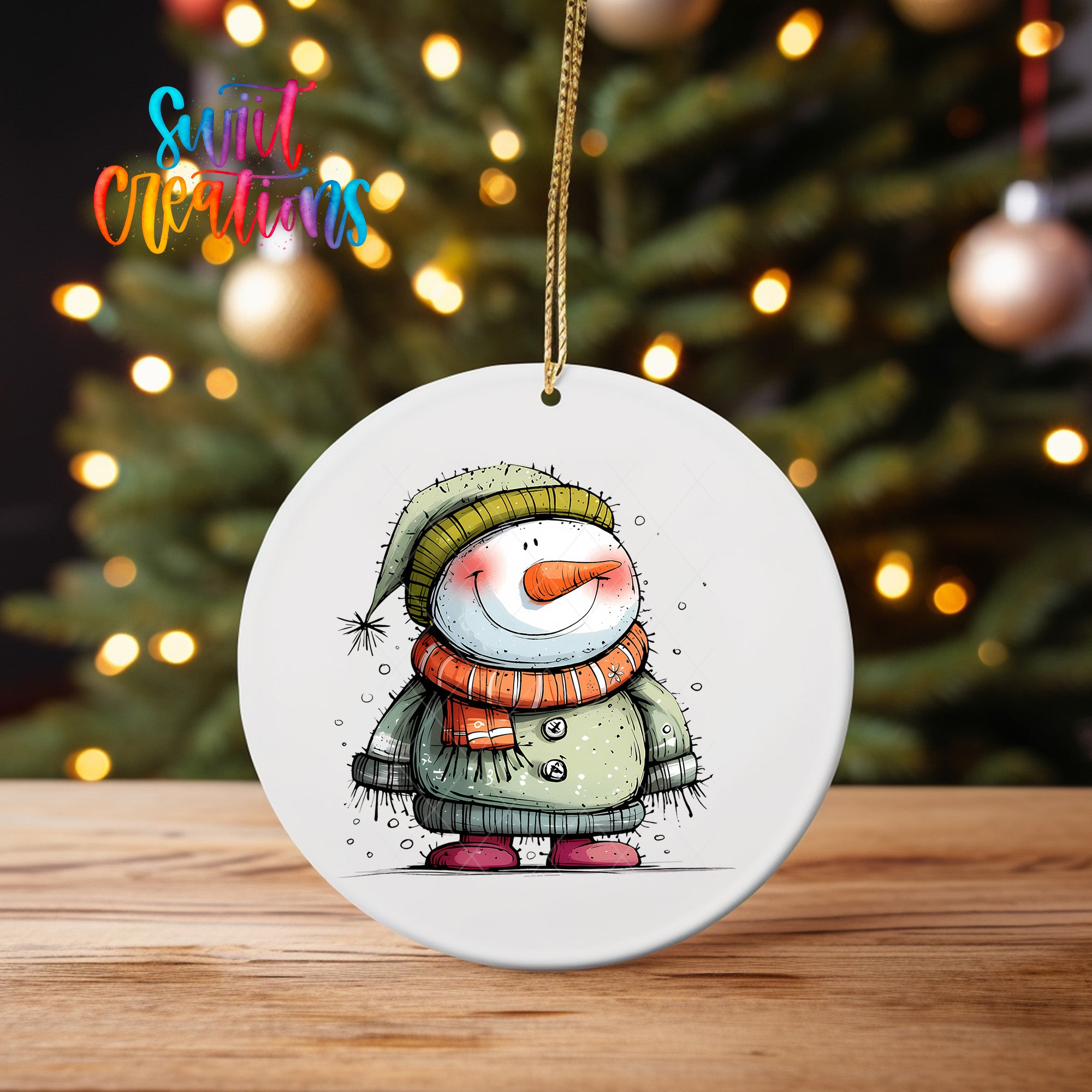 A white ceramic ornament featuring a snowman with a scarf and hat, set against a blurred background of Christmas lights.