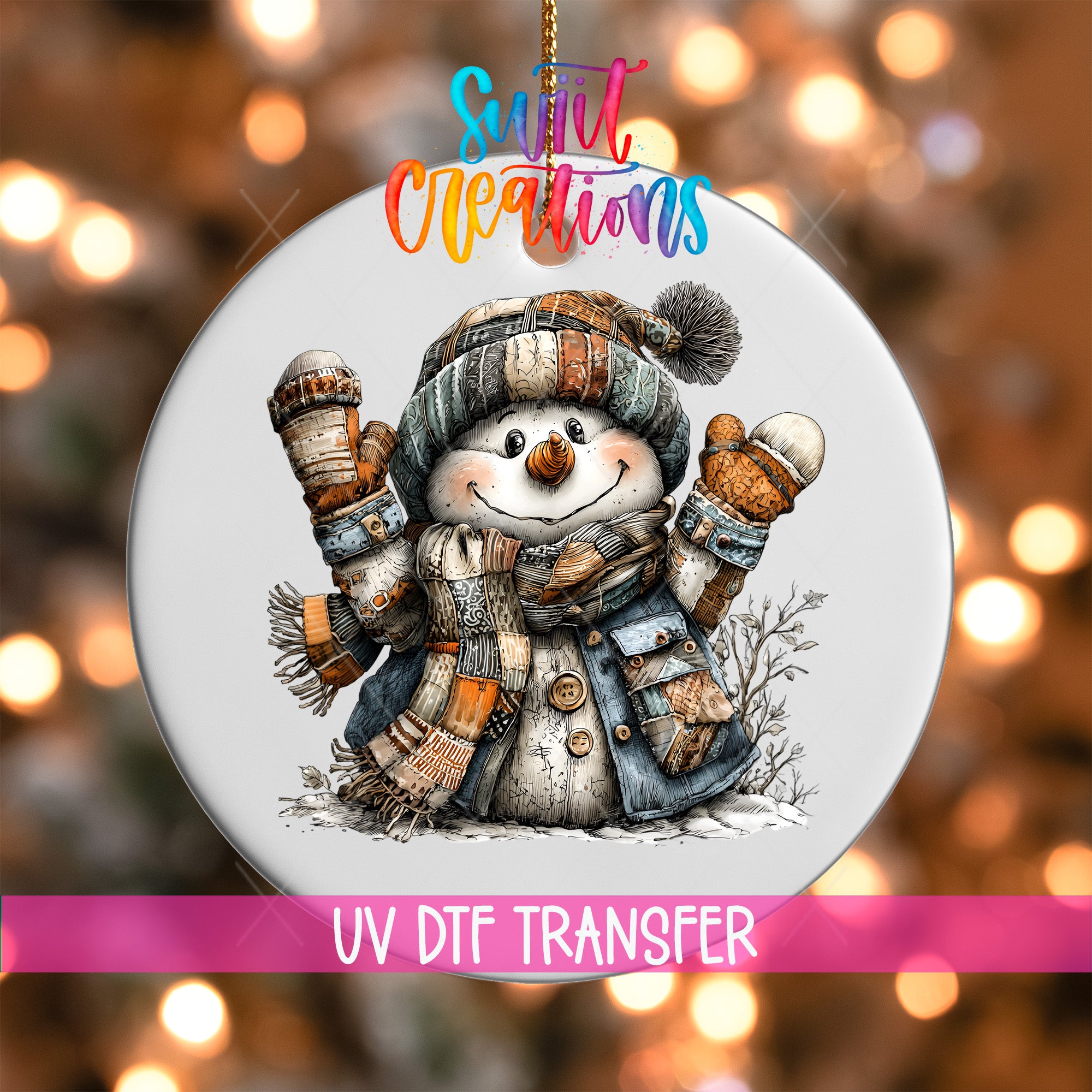 A snowman ornament with a scarf and mittens, surrounded by a blurred background of lights.