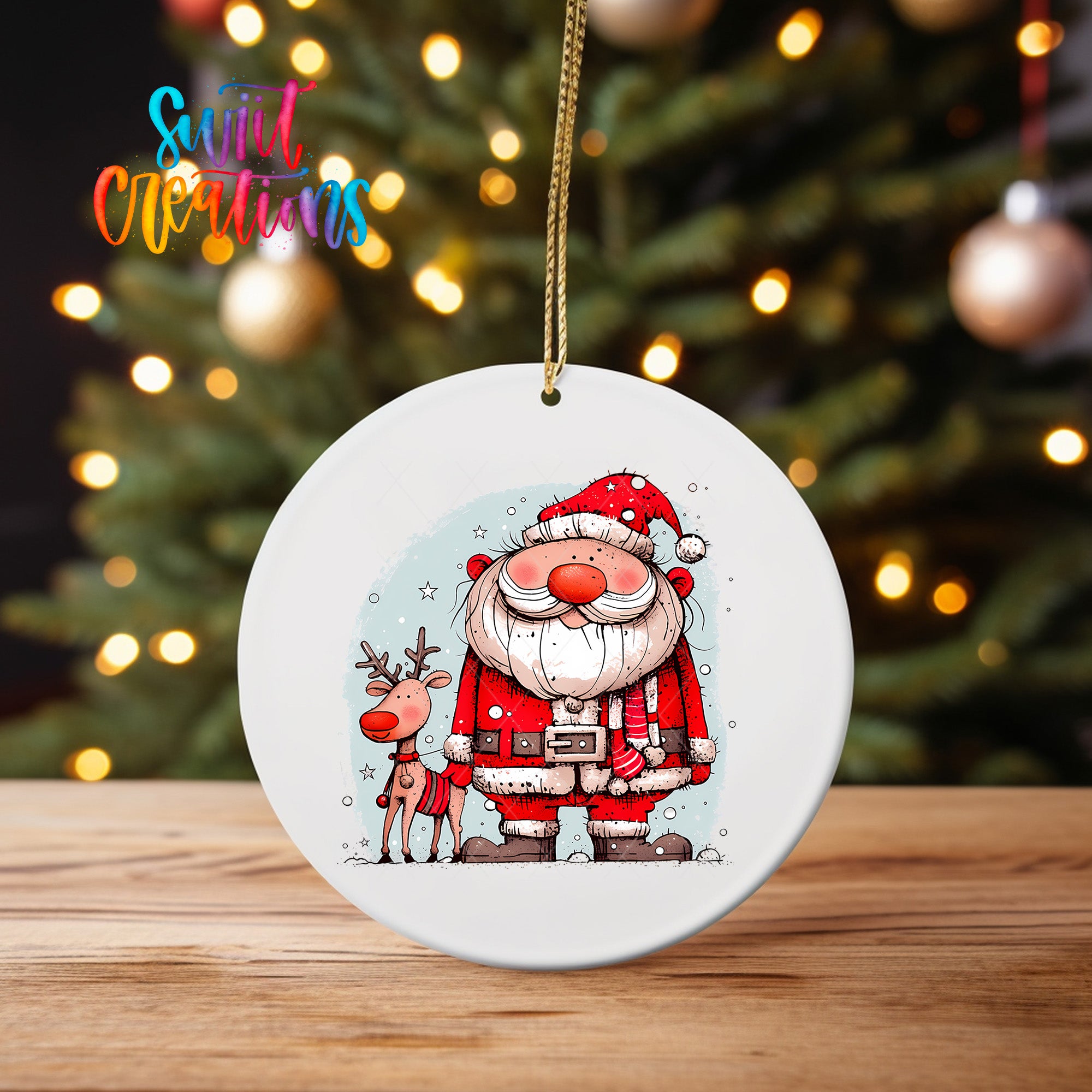 A white oval ornament featuring a cartoon illustration of Santa Claus and a reindeer, with a background of twinkling Christmas lights.