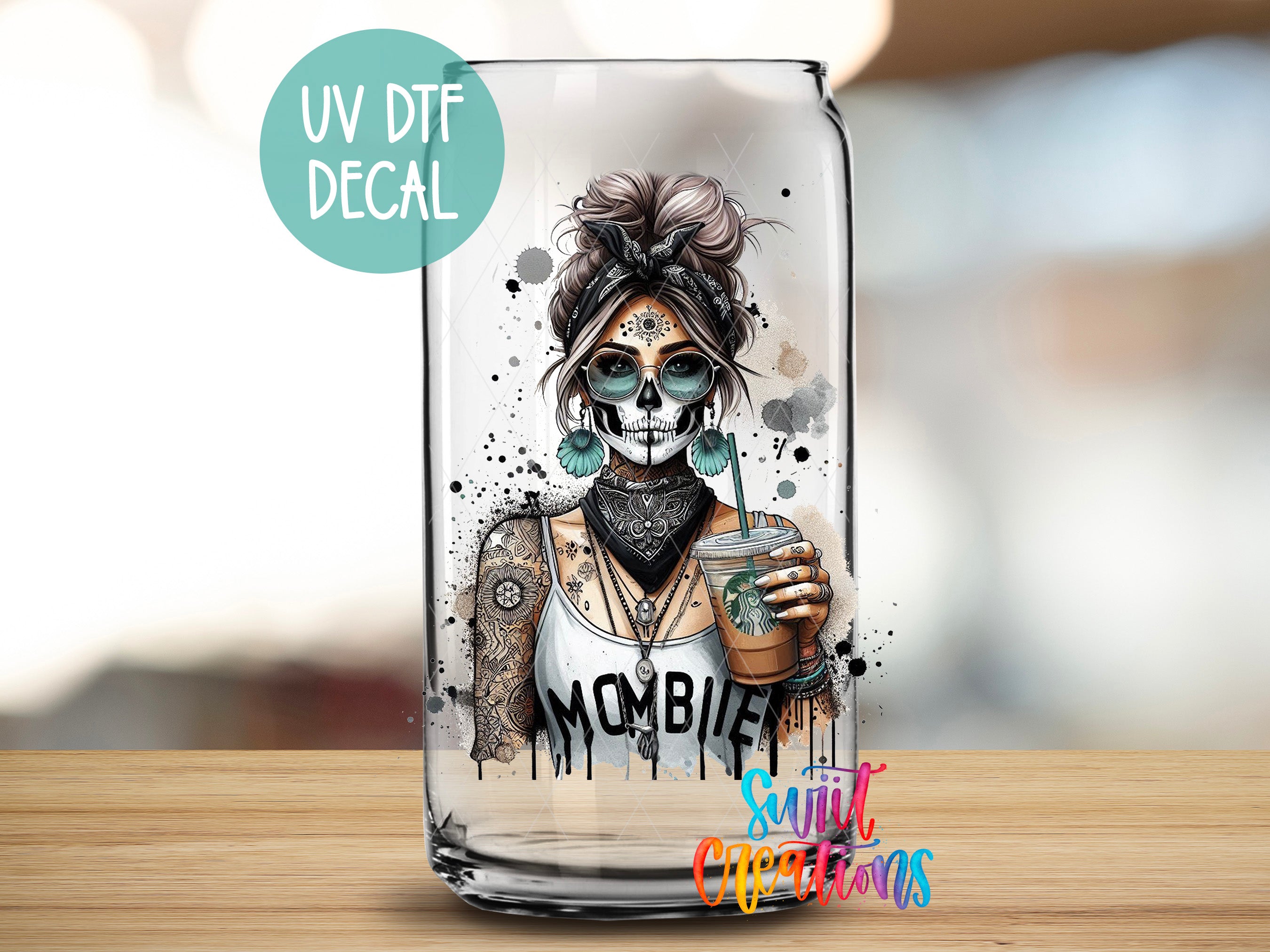 a glass with a picture of a woman holding a drink
