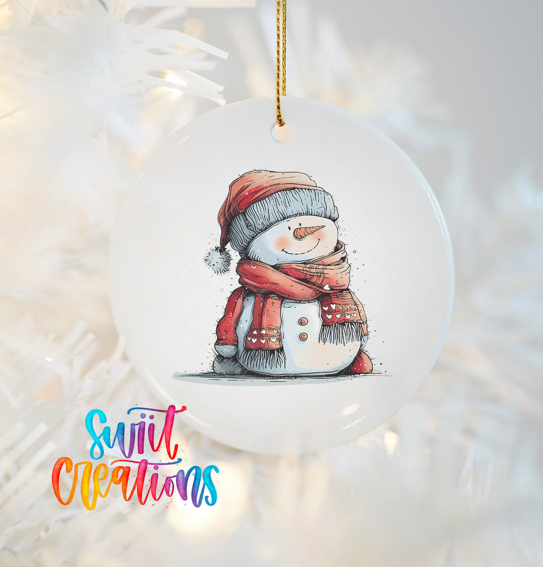 A ceramic ornament featuring a snowman wearing a red scarf and hat, with a textured background.