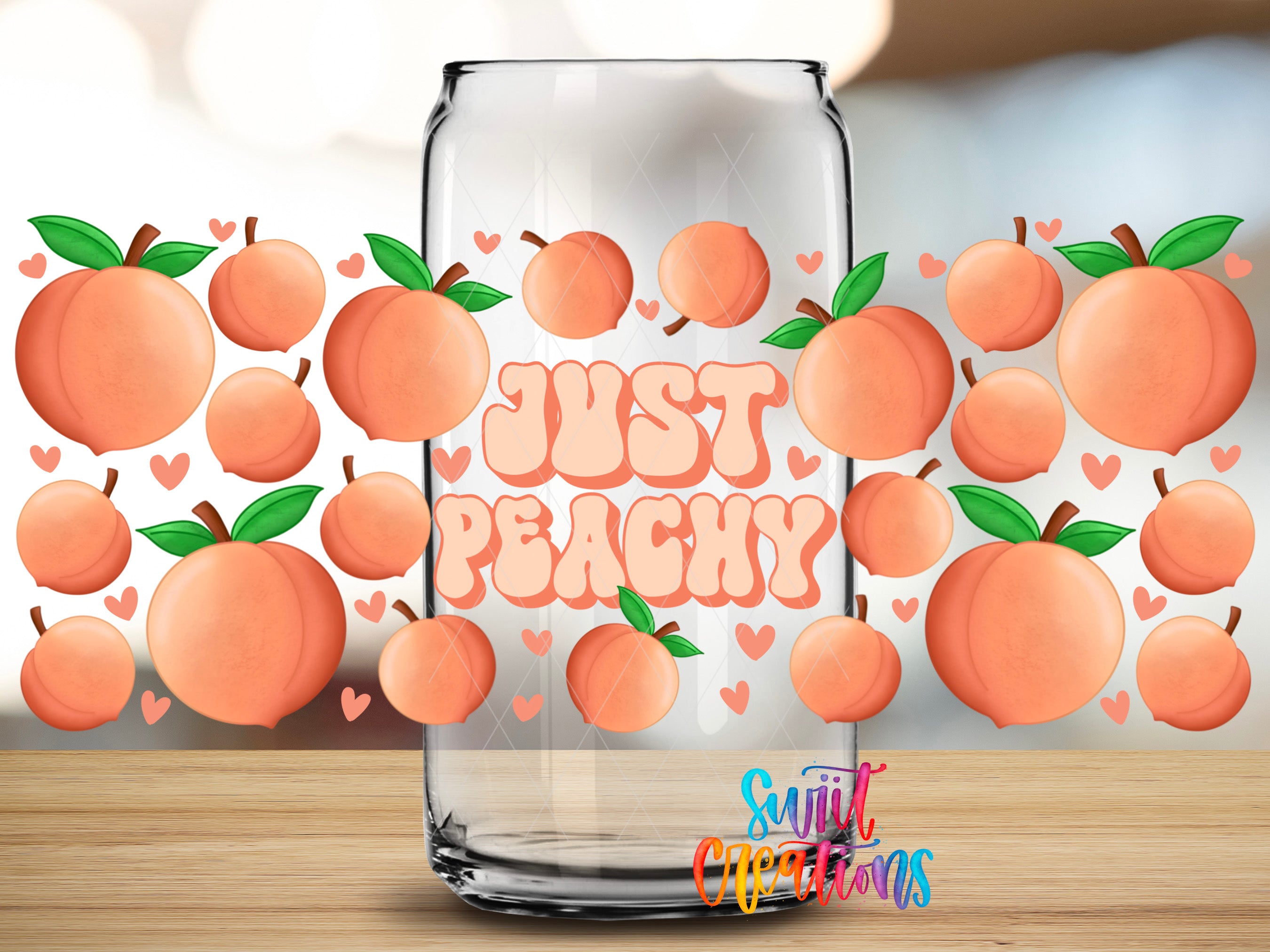 A glass can with the text "JUST PEACHY" written on it, surrounded by various peach illustrations.