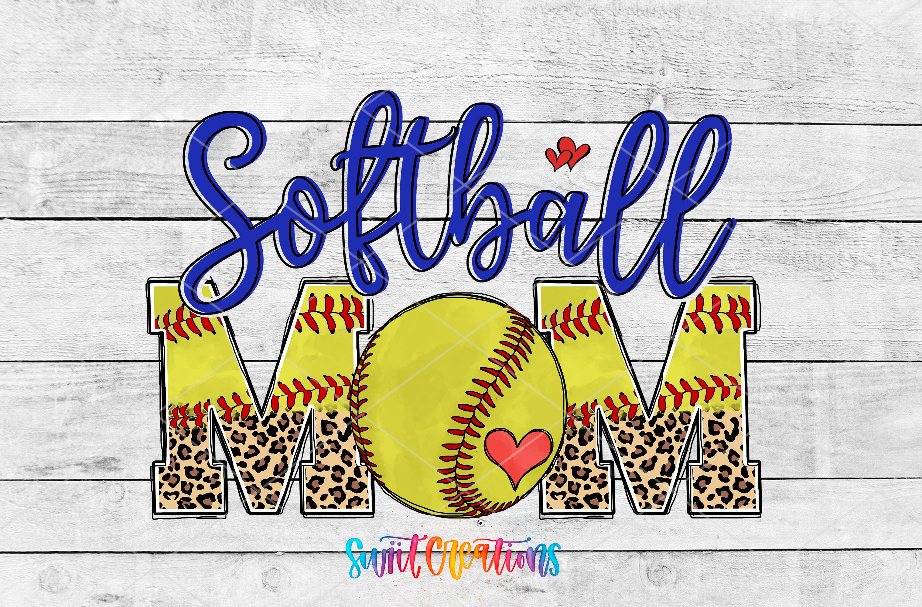 a collage of various softball-related images, including a softball, leopard print letters spelling "Softball Mom", and a heart symbol.