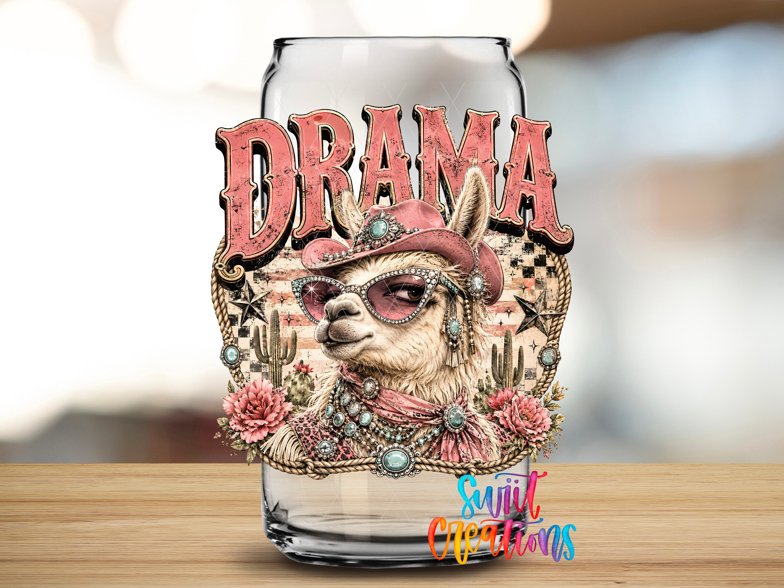 a glass jar with a decorative design, including a llama wearing sunglasses and a hat, surrounded by flowers and other decorative elements.