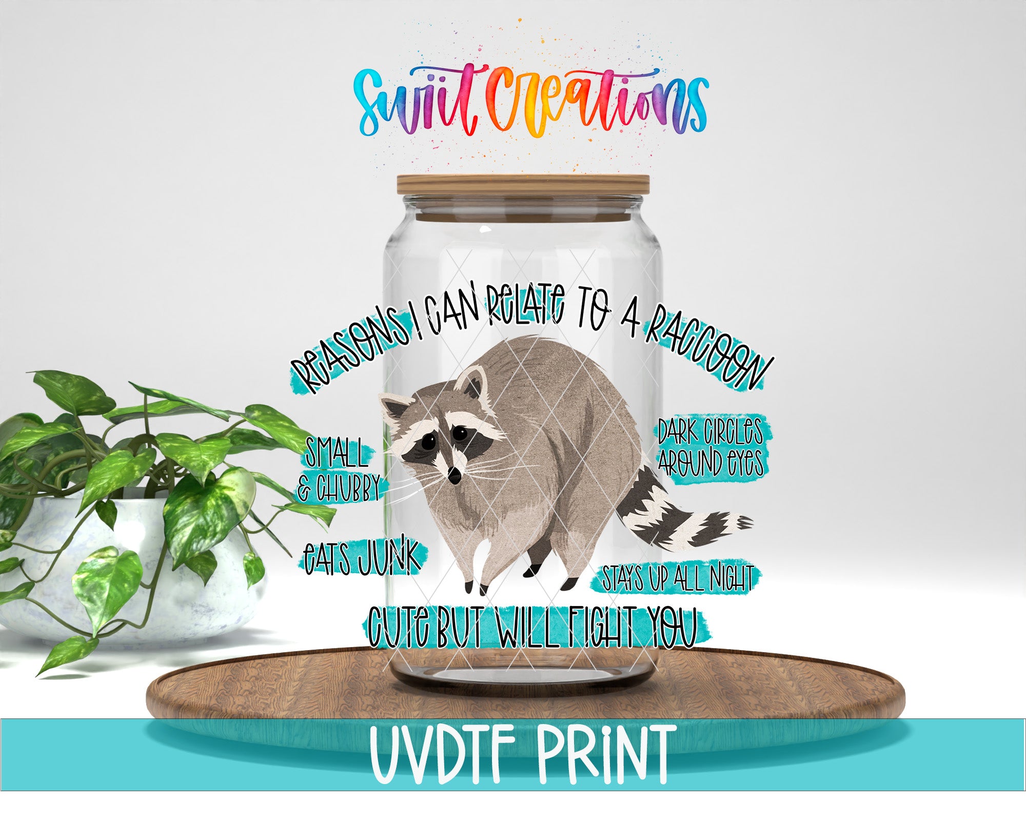 a raccoon inside a glass jar, surrounded by text that describes the raccoon's abilities and characteristics.