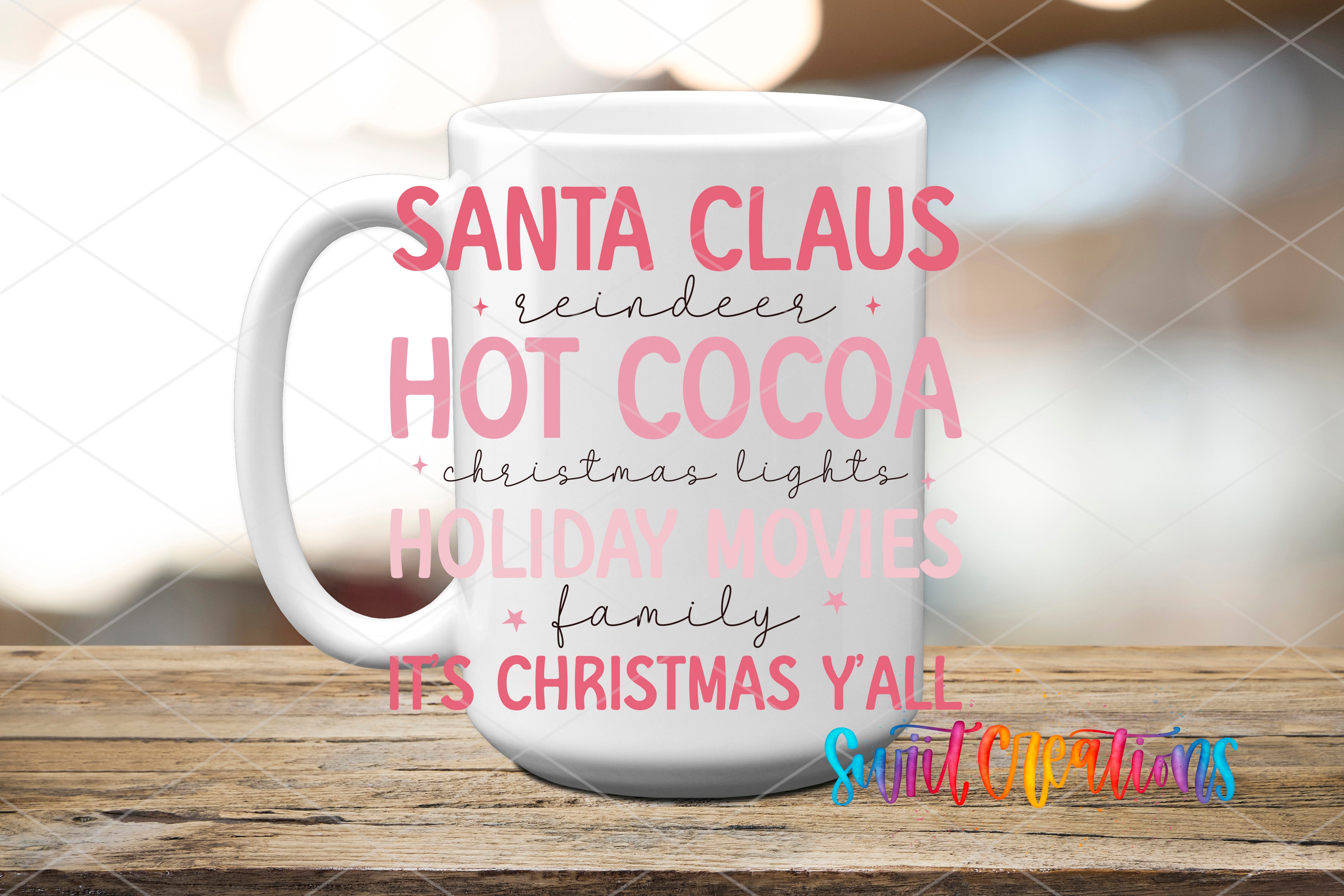 Swiit Creations UV DTF Pink Cozy Hot Cocoa Christmas transfer applied to a white ceramic mug