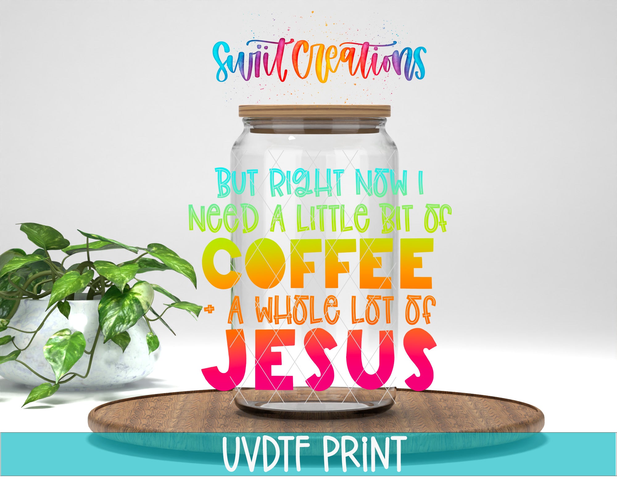 a colorful text overlay on a white background, with a jar of coffee and a potted plant in the foreground.