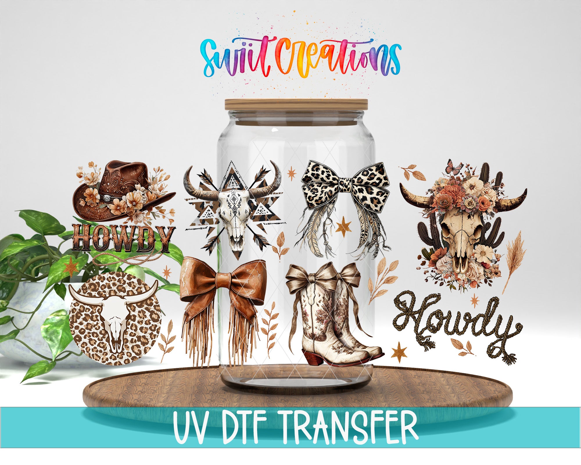 The image is a collage featuring various cowboy-themed illustrations, including a cowboy hat, a bull skull, a bow tie, and a pair of cowboy boots. The collage is accompanied by the text "Swift Creations UV Dtf Transfer" and "Howdy" in a stylized font.