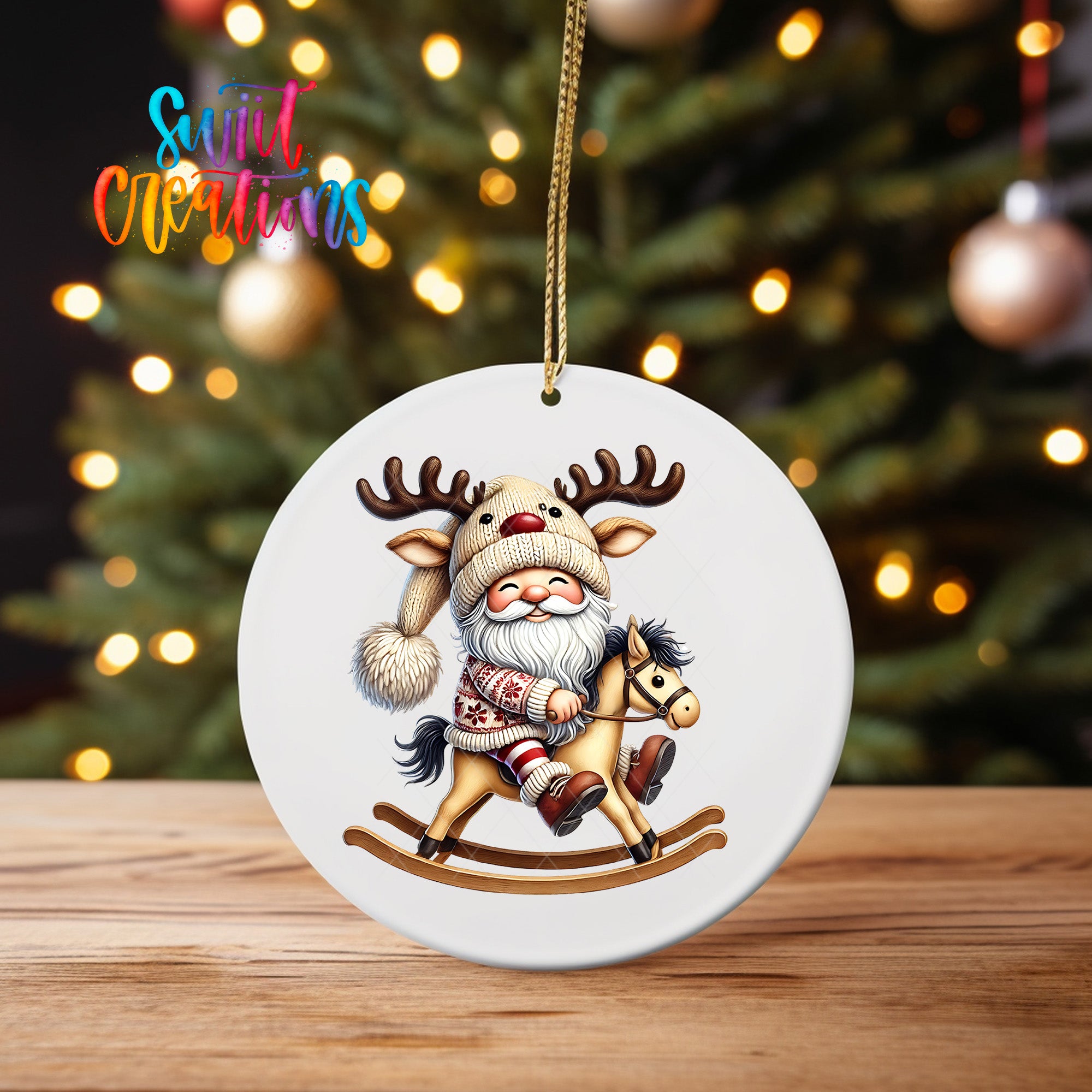 A white ornament featuring a Santa Claus figure riding a rocking horse, with a reindeer and a Santa hat on the rocking horse.