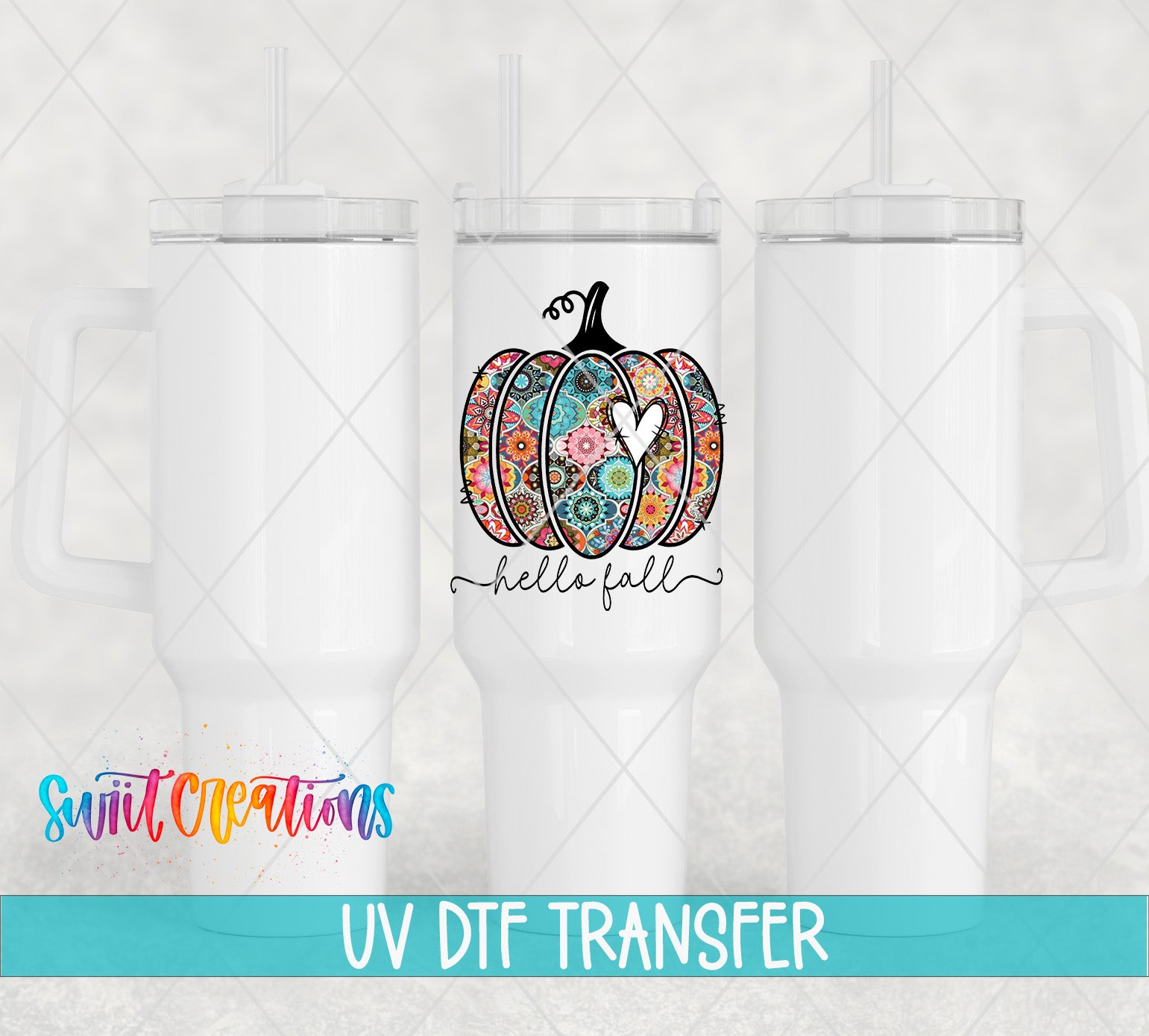 Swiit Creations UV DTF Hello Fall Pumpkin transfer shown on a white tumbler set