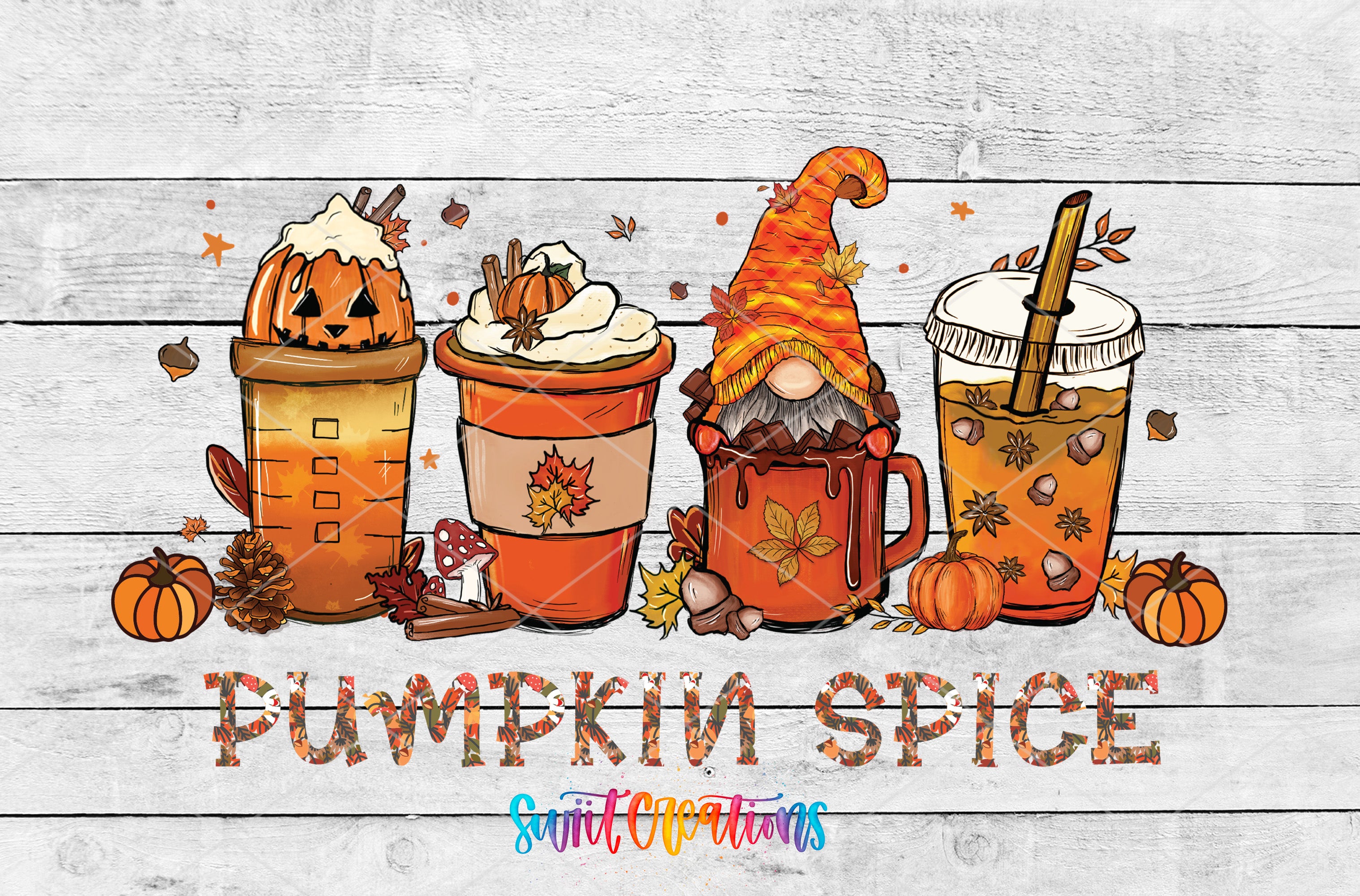 four cups of pumpkin spice drinks, each with a unique design and garnish, along with a gnome-like figure and autumn-themed elements such as pumpkins and leaves.