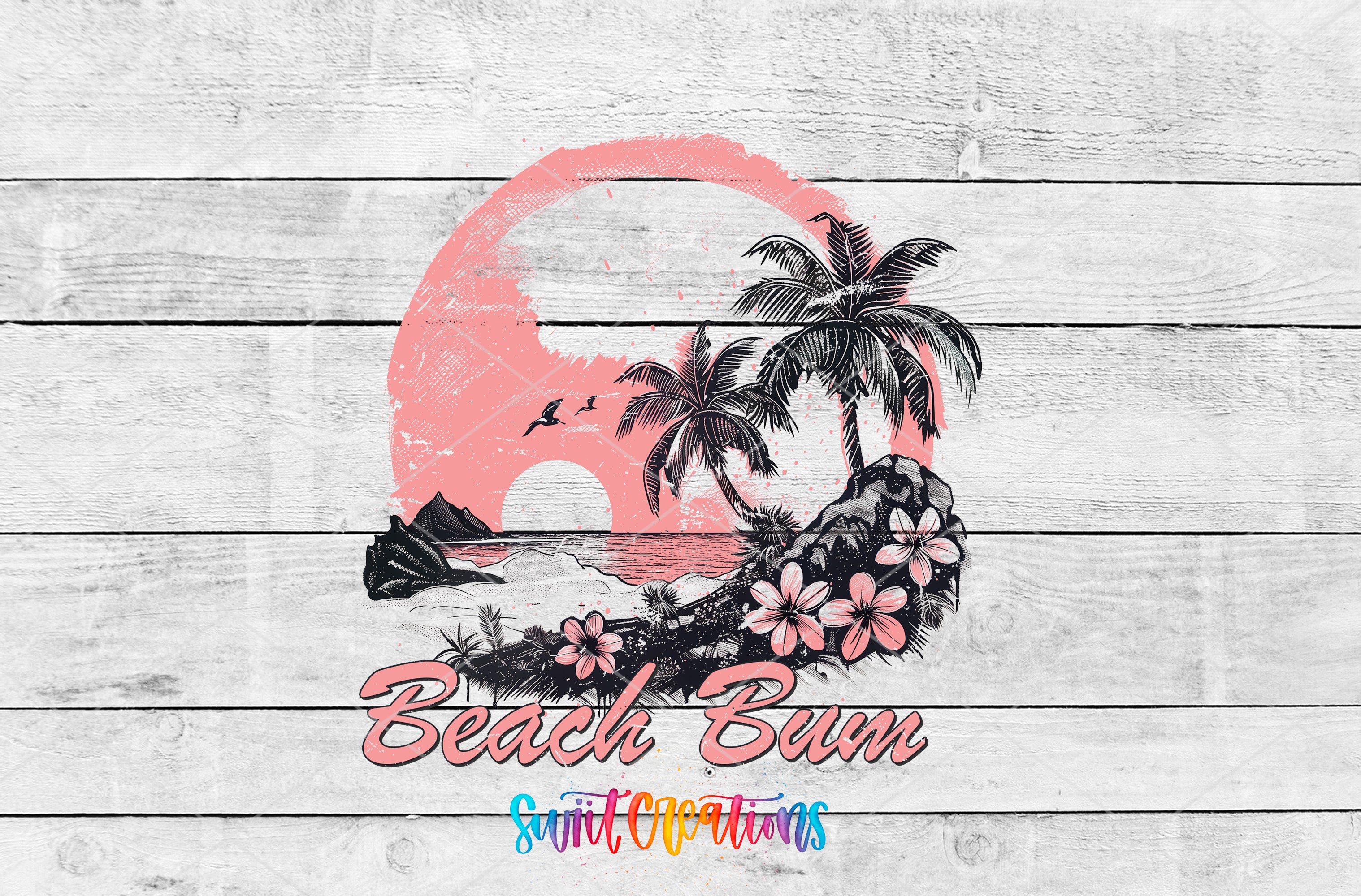Swiit Creations UV DTF Beach Bum Tropical Sunset transfer shown as the full artwork preview