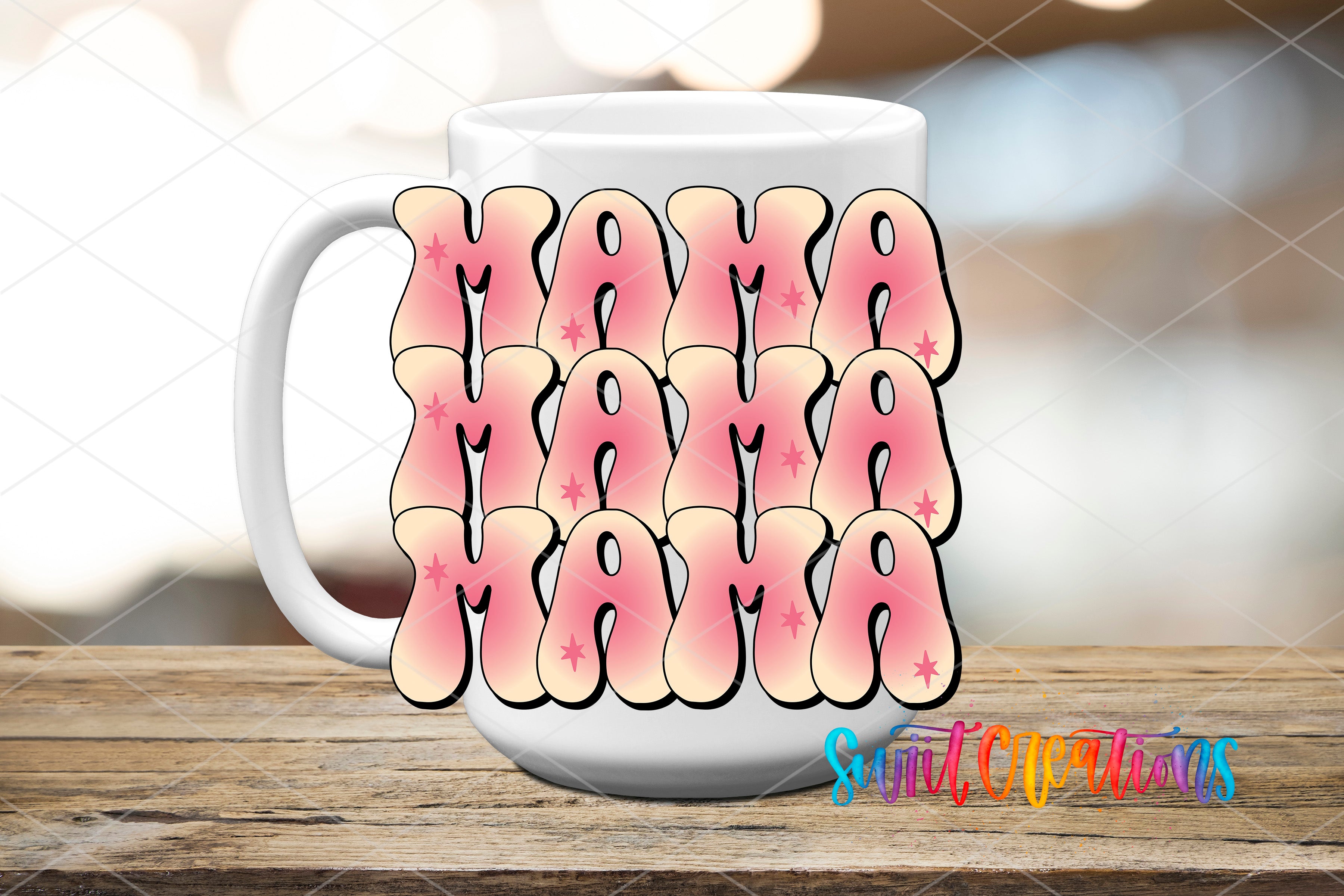 Swiit Creations UV DTF Pink Mama Retro Pink transfer applied to a white ceramic mug