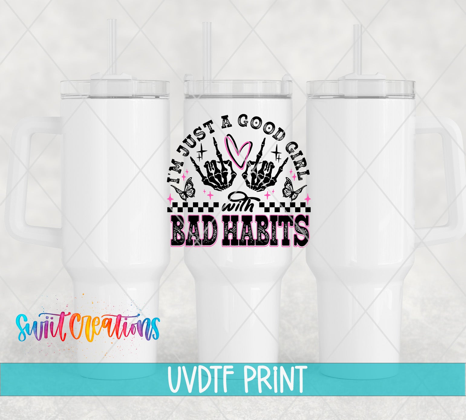 three white tumblers with a graphic design on them, including text and symbols.