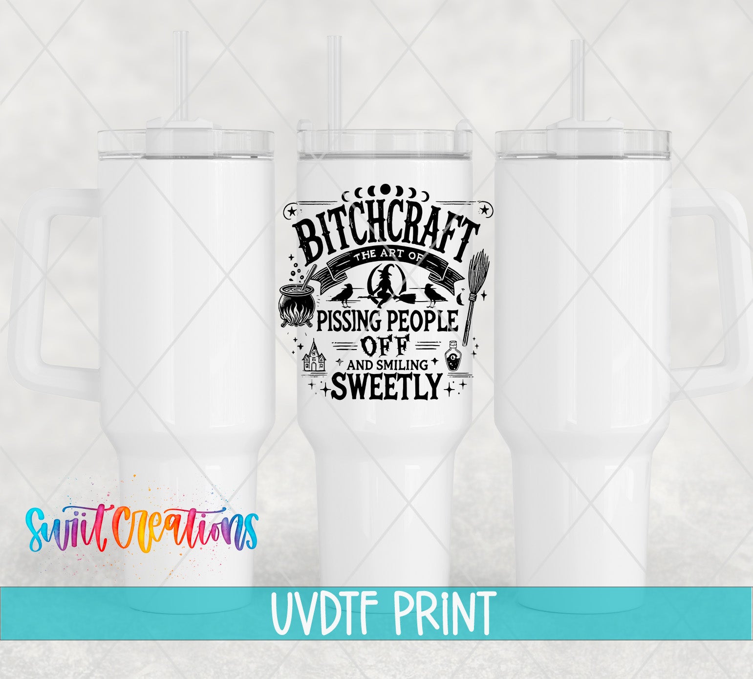 a white ceramic mug with a black and white design that says "Bitchcraft the Art of Pissing People Off and Smiling Sweetly" and includes a broom and a cauldron.